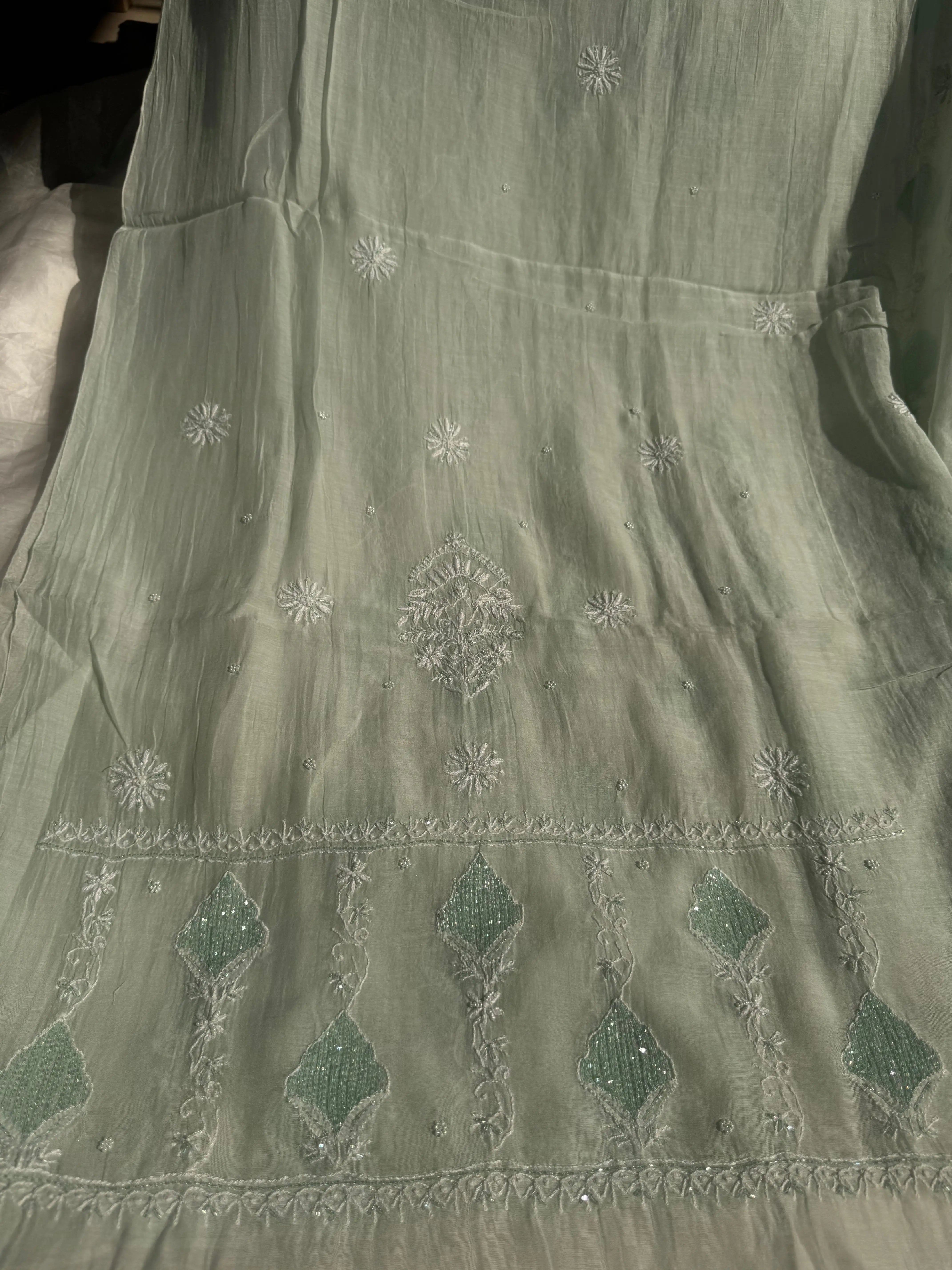 Mul Chanderi Chikankari - Heavy Unstitched Set - Cyan Blue ARIAA CHIKANKARI