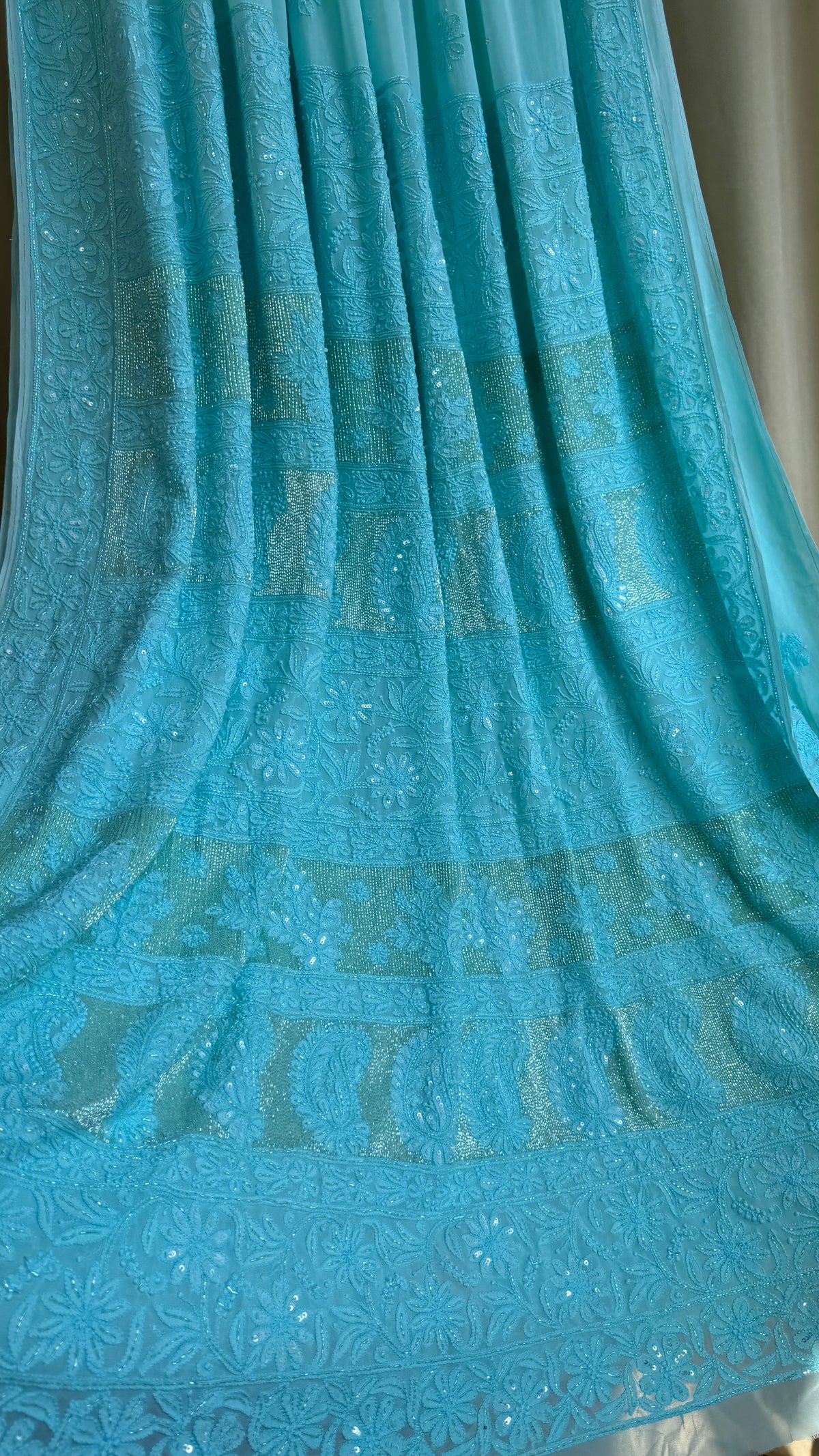 Viscose Chikankari saree with Pearl embellishments Firozi Blue