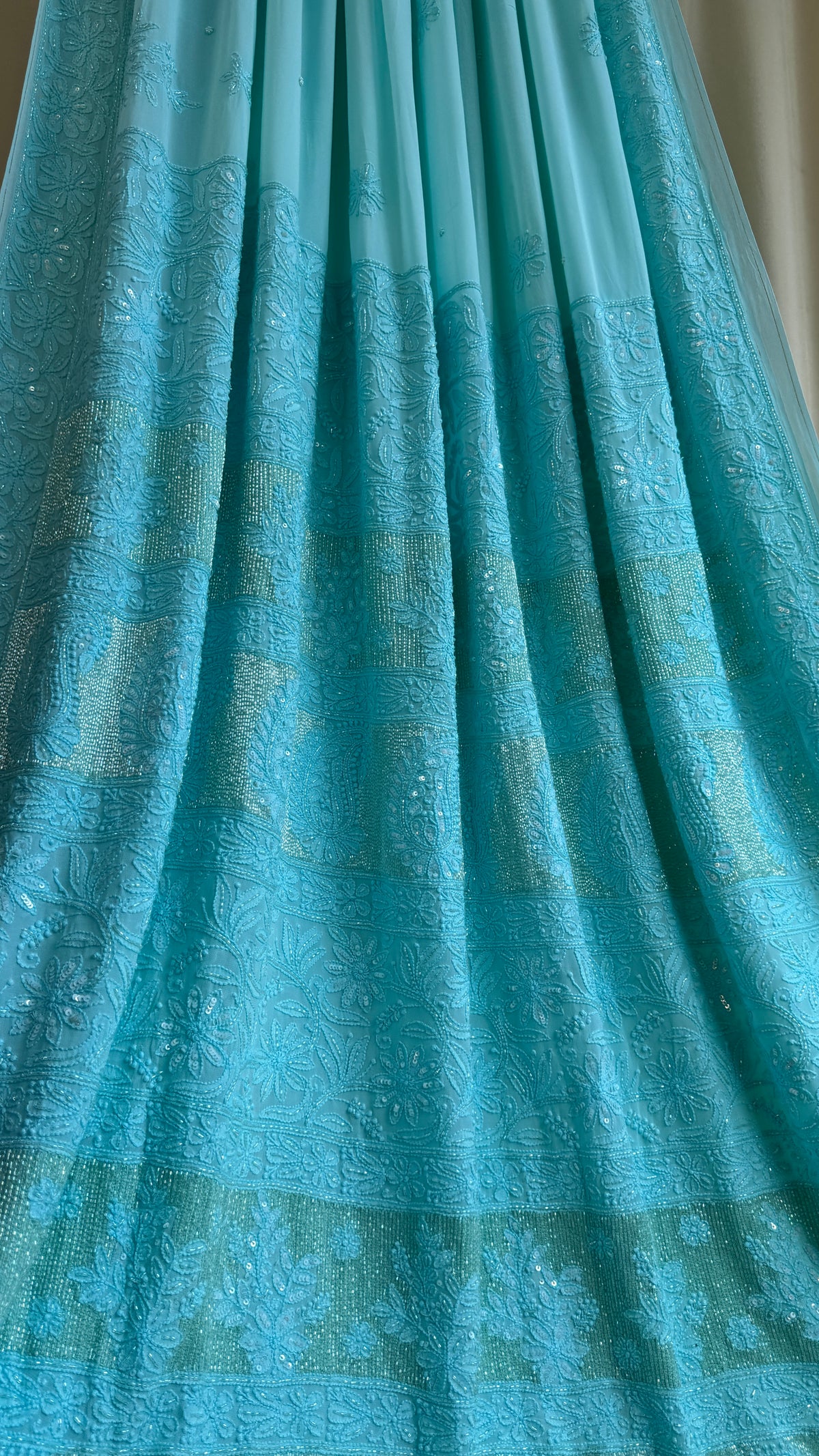Viscose Chikankari saree with Pearl embellishments Firozi Blue