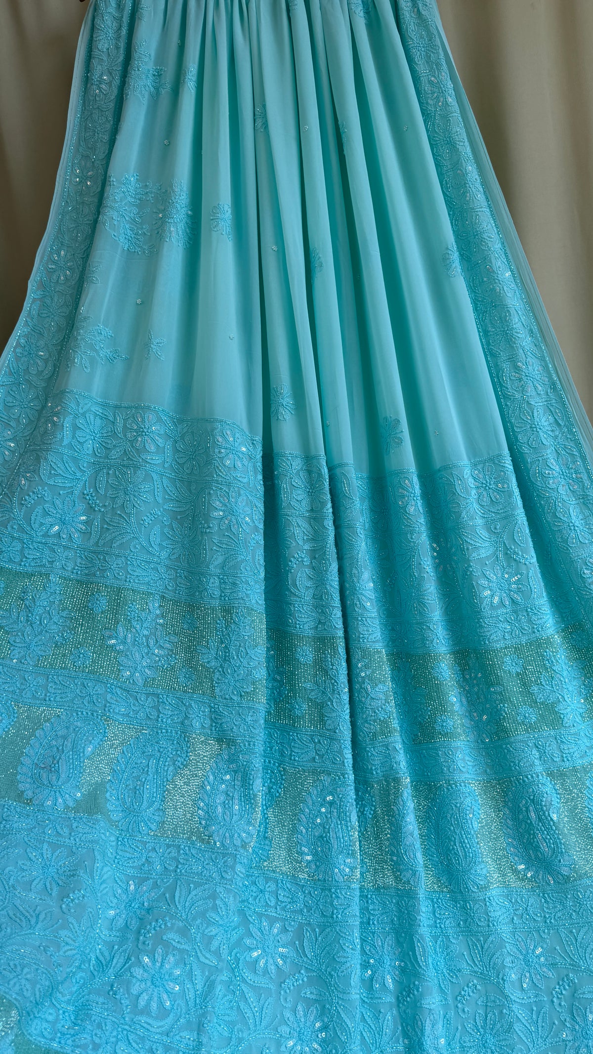 Viscose Chikankari saree with Pearl embellishments Firozi Blue