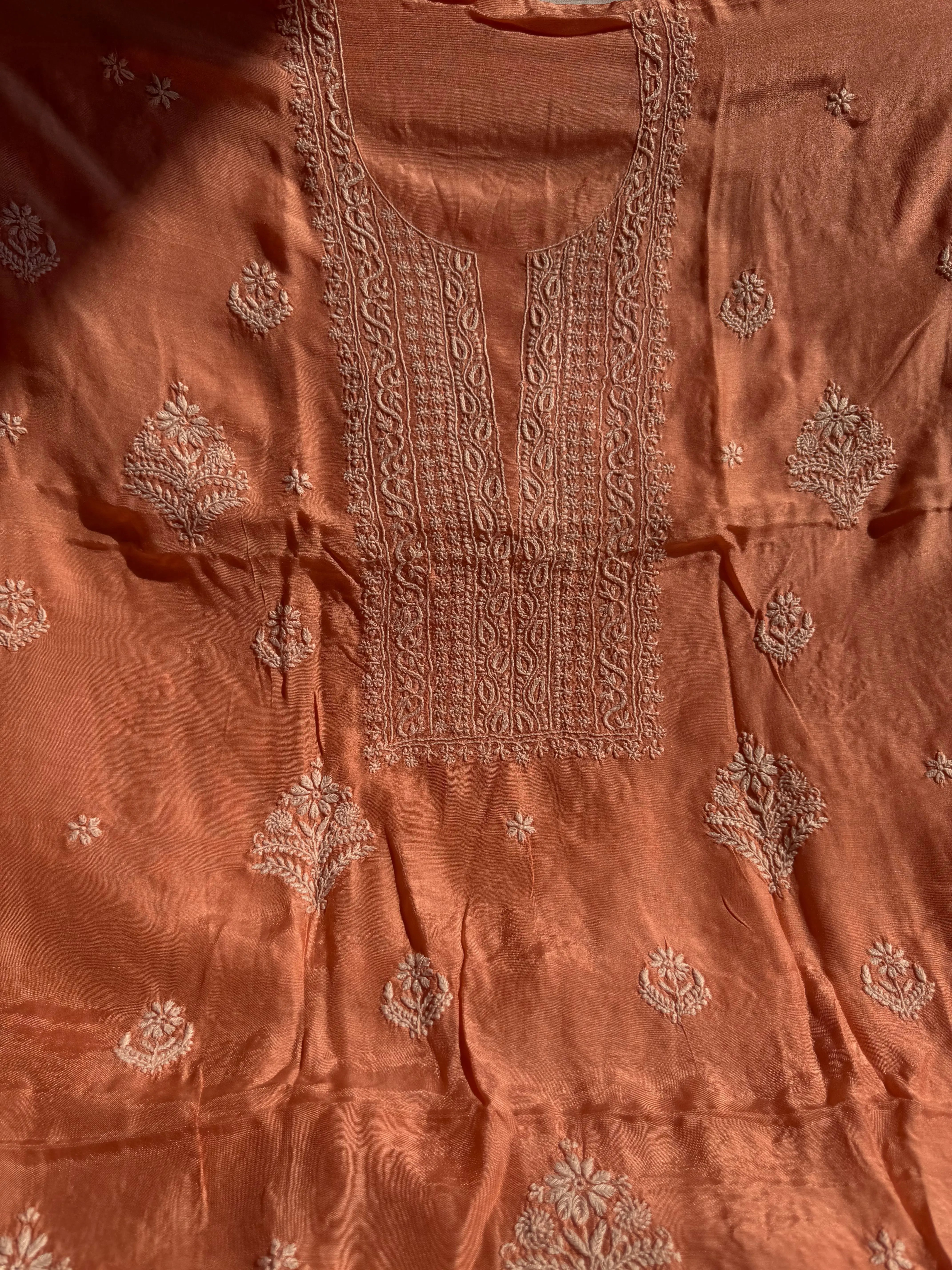 Pure Muslin kurti Length unstitched - Deep Peach ARIAA CHIKANKARI