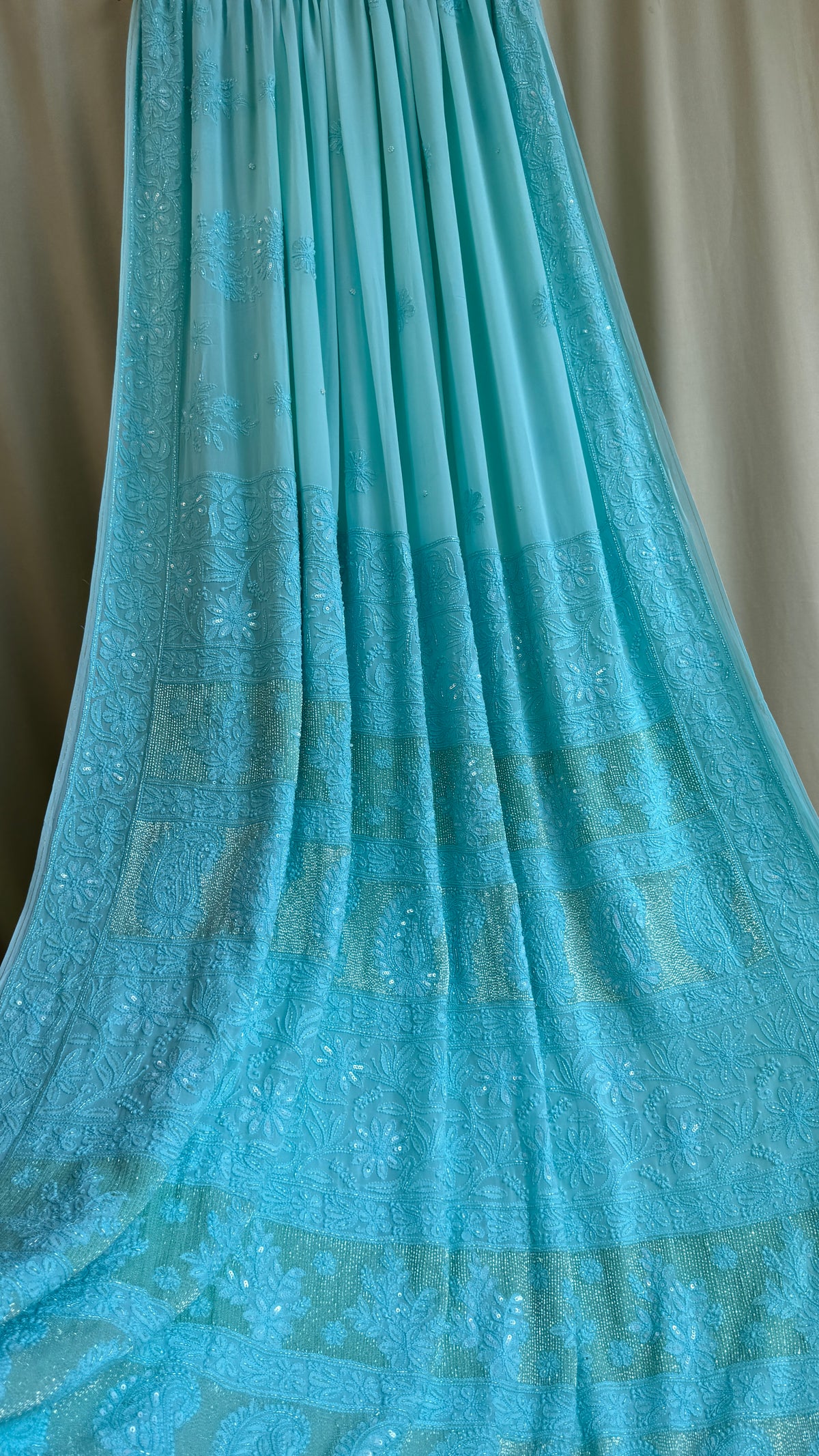 Viscose Chikankari saree with Pearl embellishments Firozi Blue