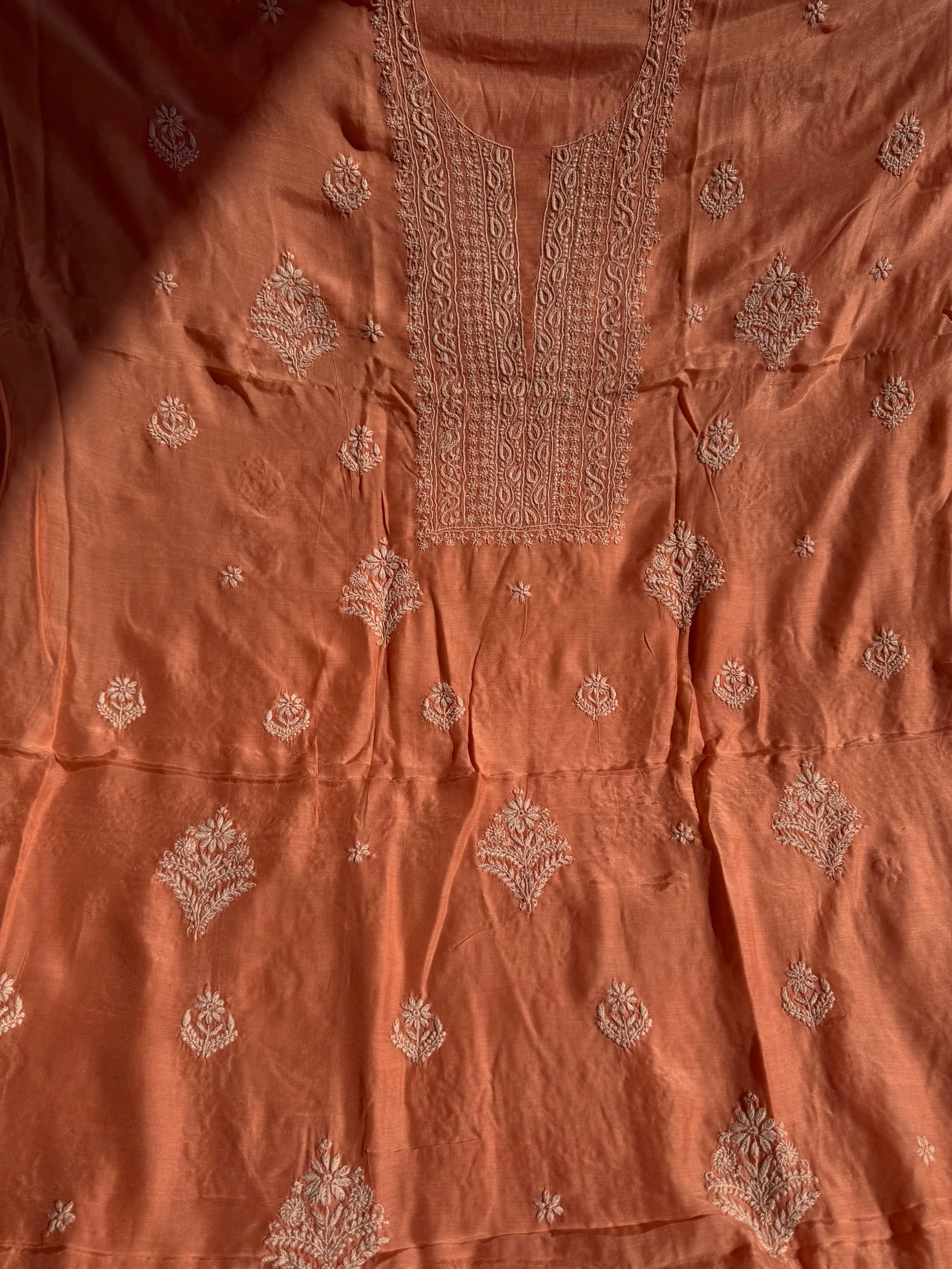 Pure Muslin kurti Length unstitched - Deep Peach ARIAA CHIKANKARI