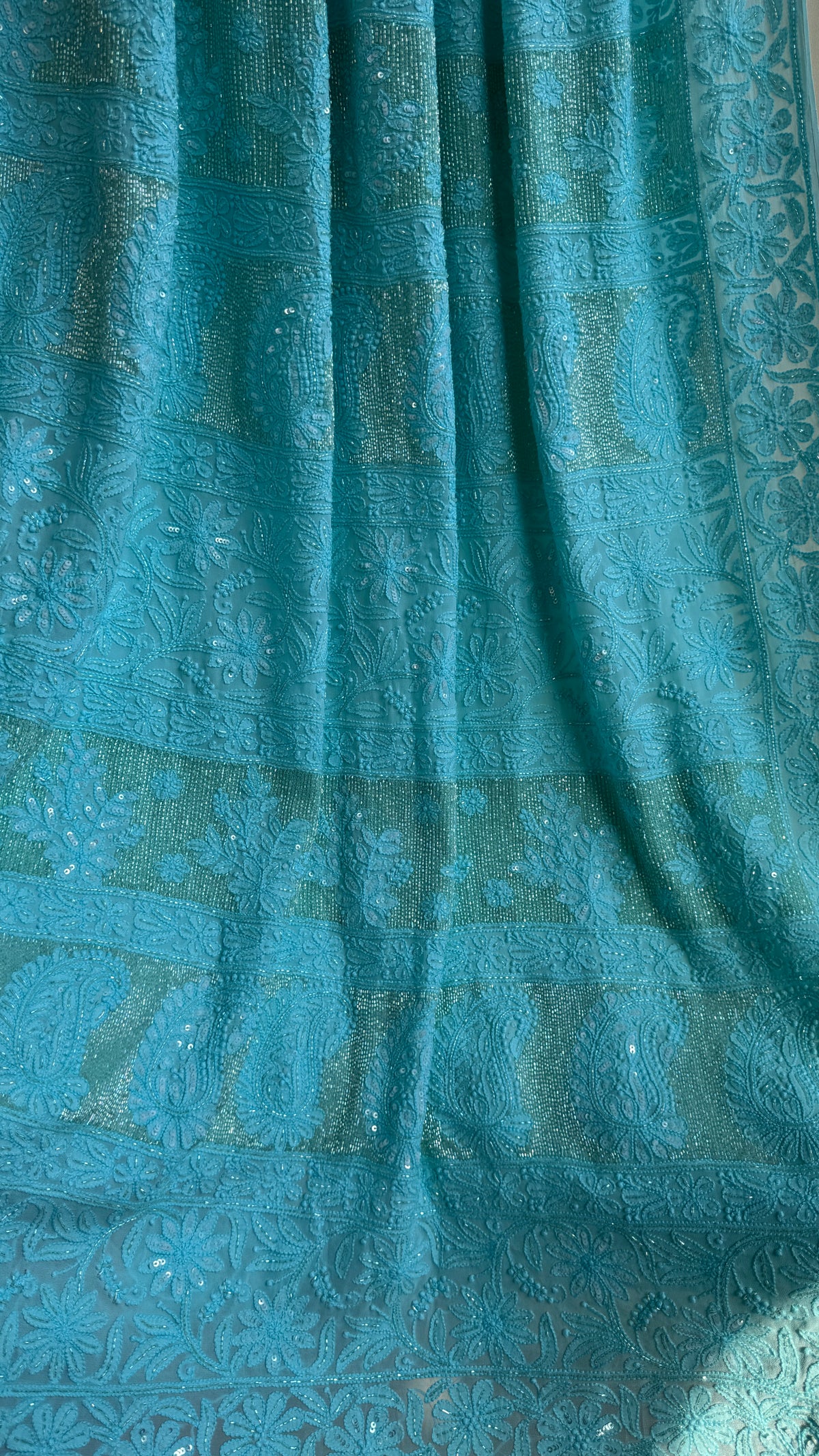 Viscose Chikankari saree with Pearl embellishments Firozi Blue