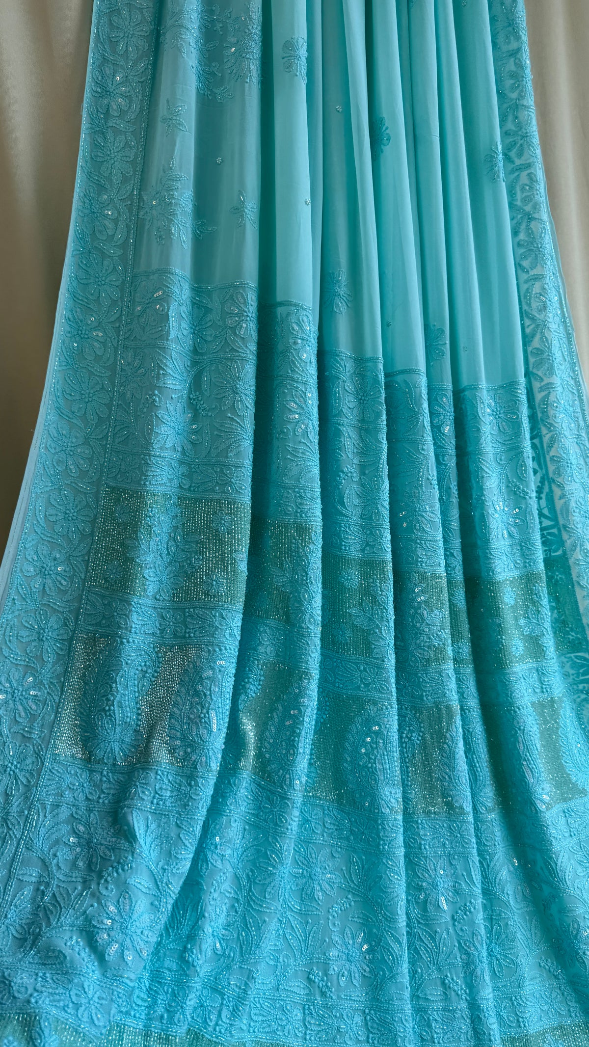 Viscose Chikankari saree with Pearl embellishments Firozi Blue