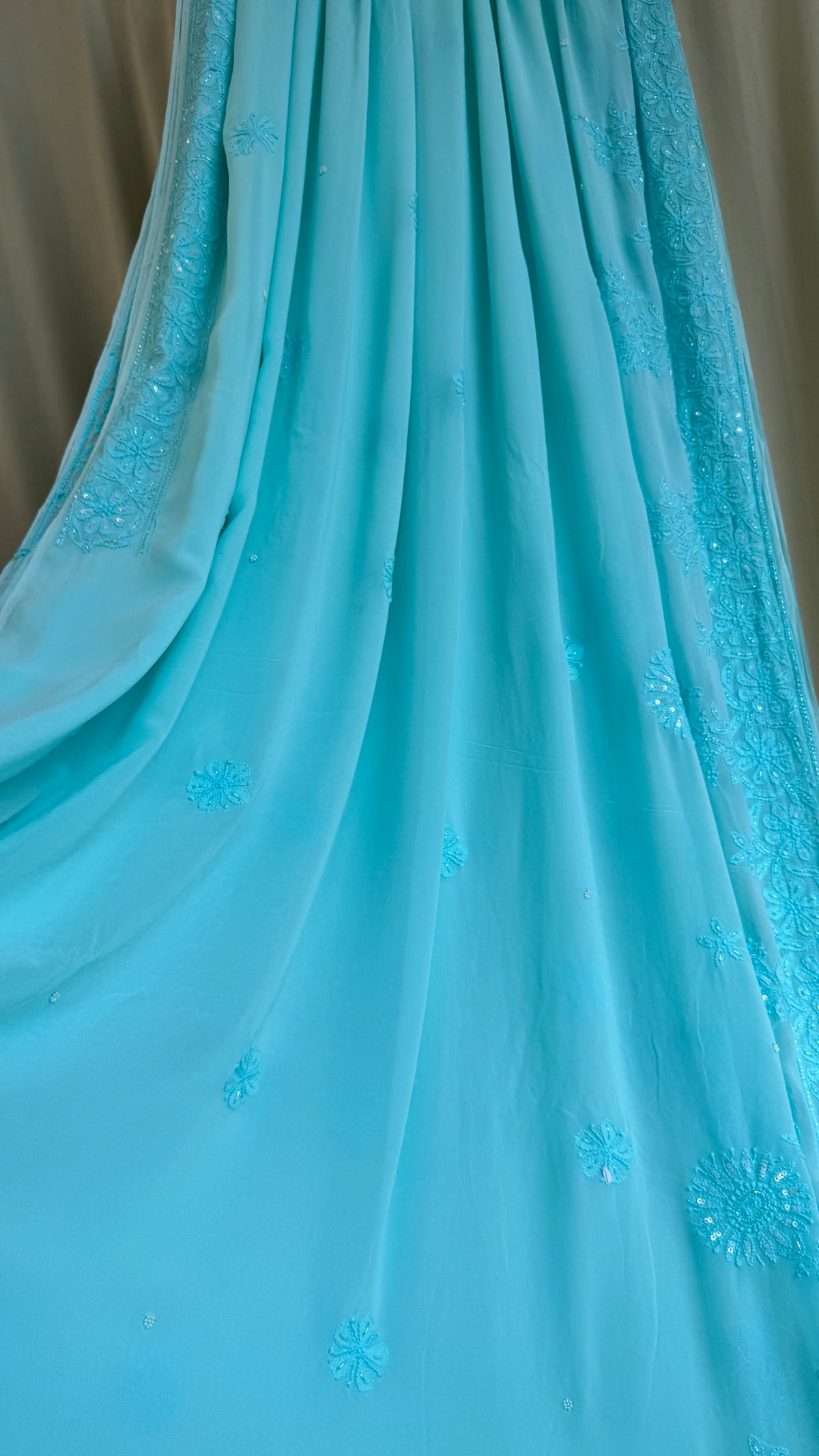 Viscose Chikankari saree with Pearl embellishments Firozi Blue