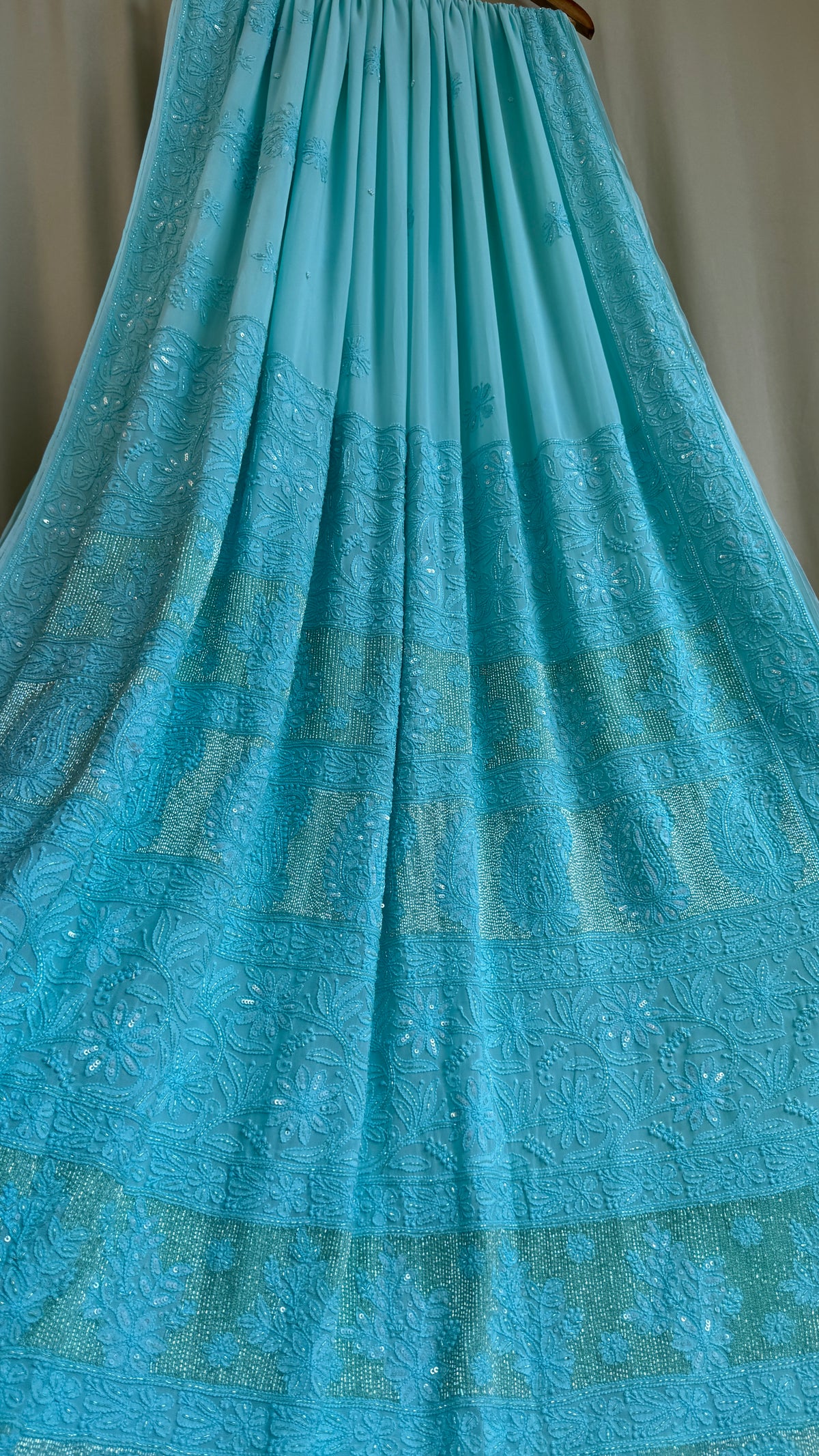Viscose Chikankari saree with Pearl embellishments Firozi Blue