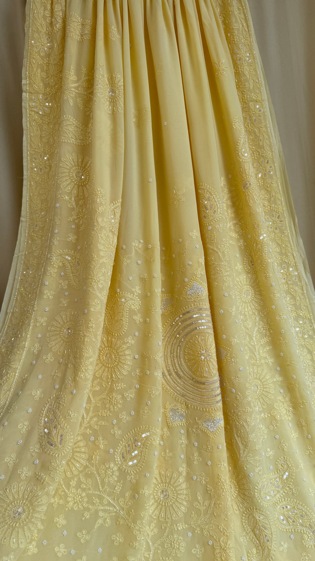 Cream Yellow Chikankari saree with Pearl embellishments