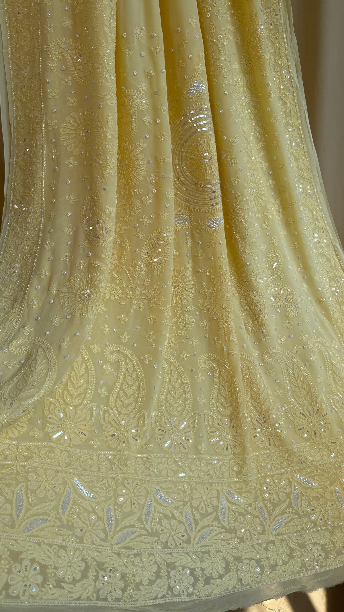 Cream Yellow Chikankari saree with Pearl embellishments