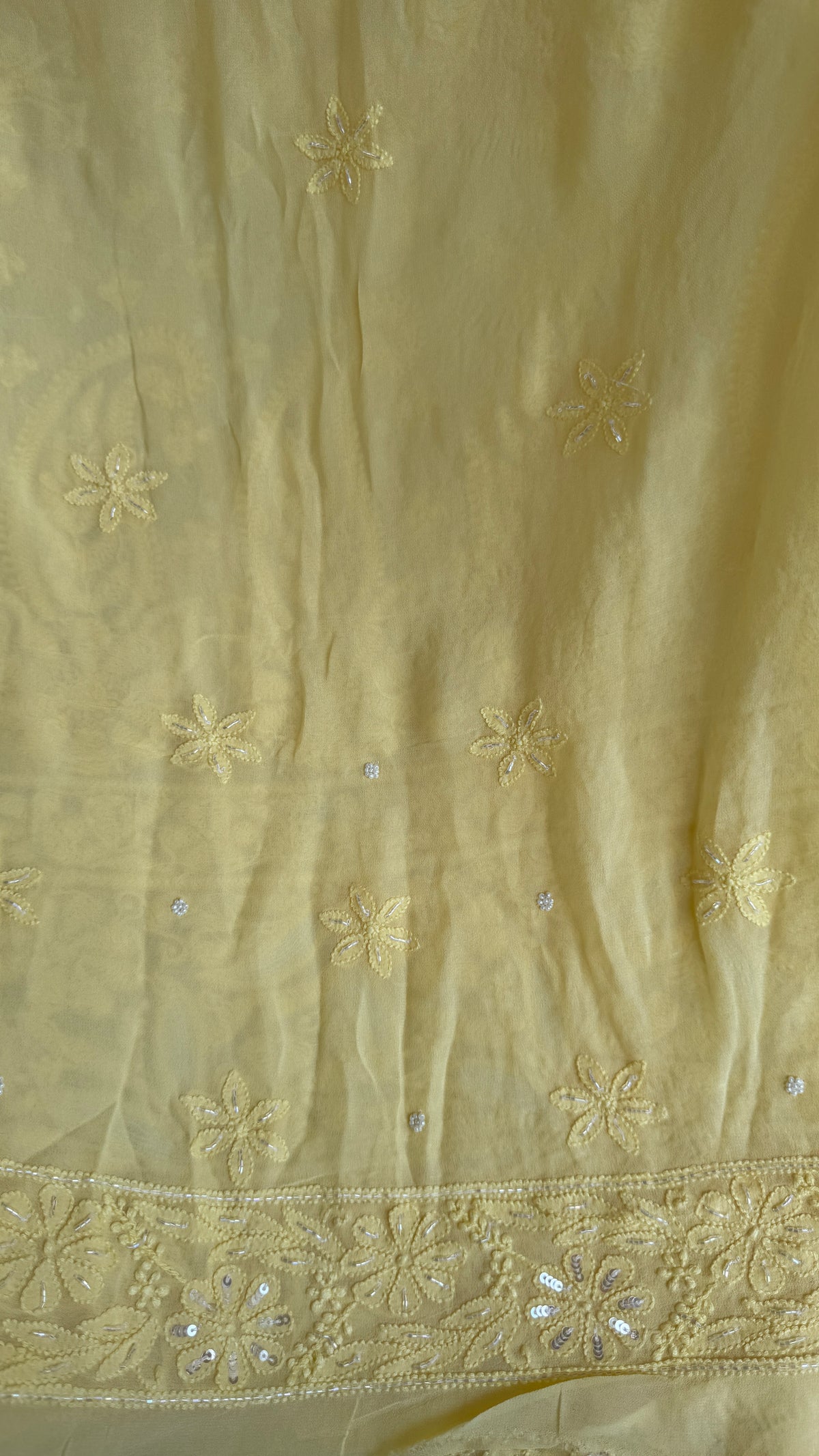 Cream Yellow Chikankari saree with Pearl embellishments