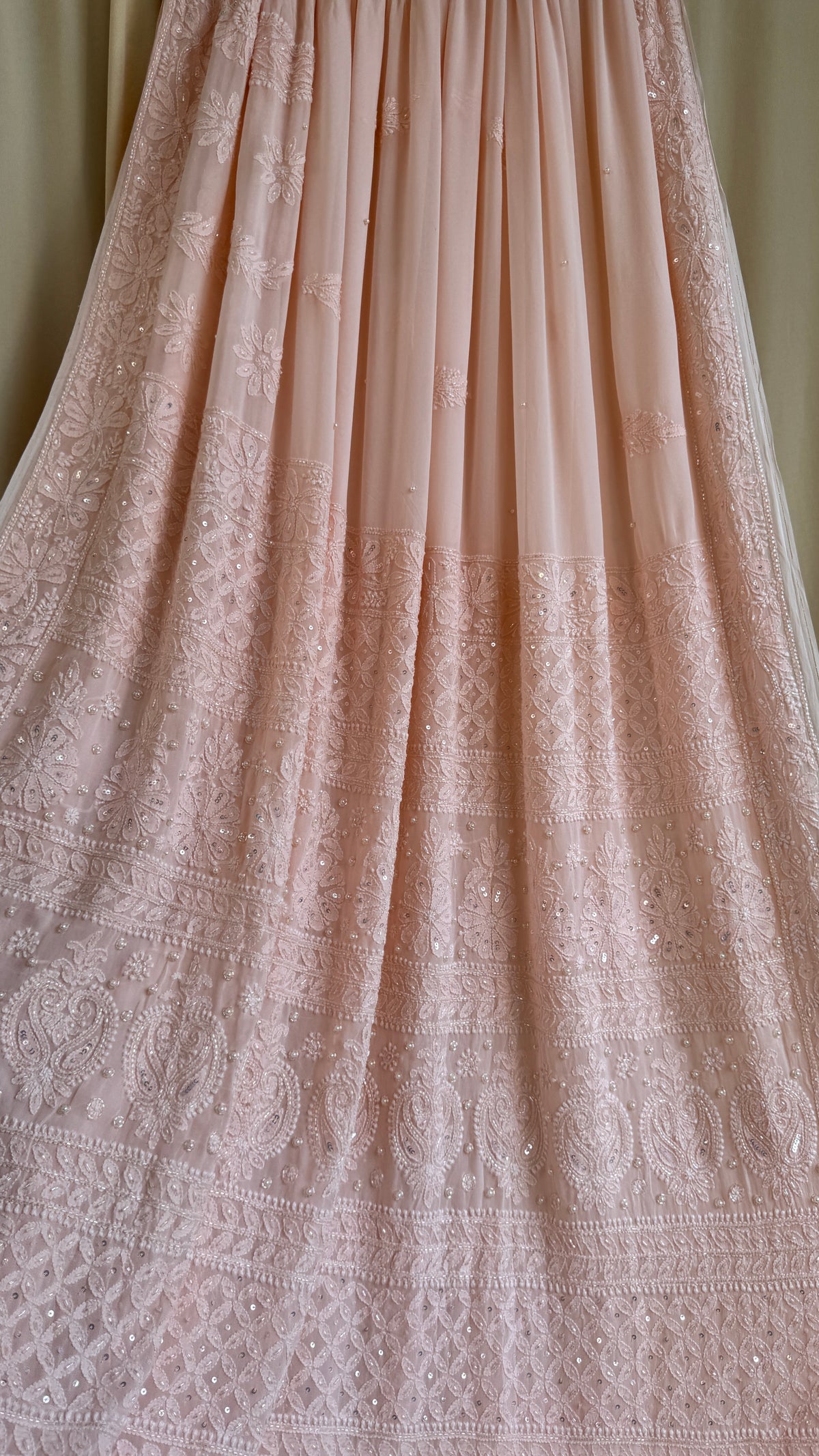 Viscose Chikankari saree with Pearl embellishments -Peach