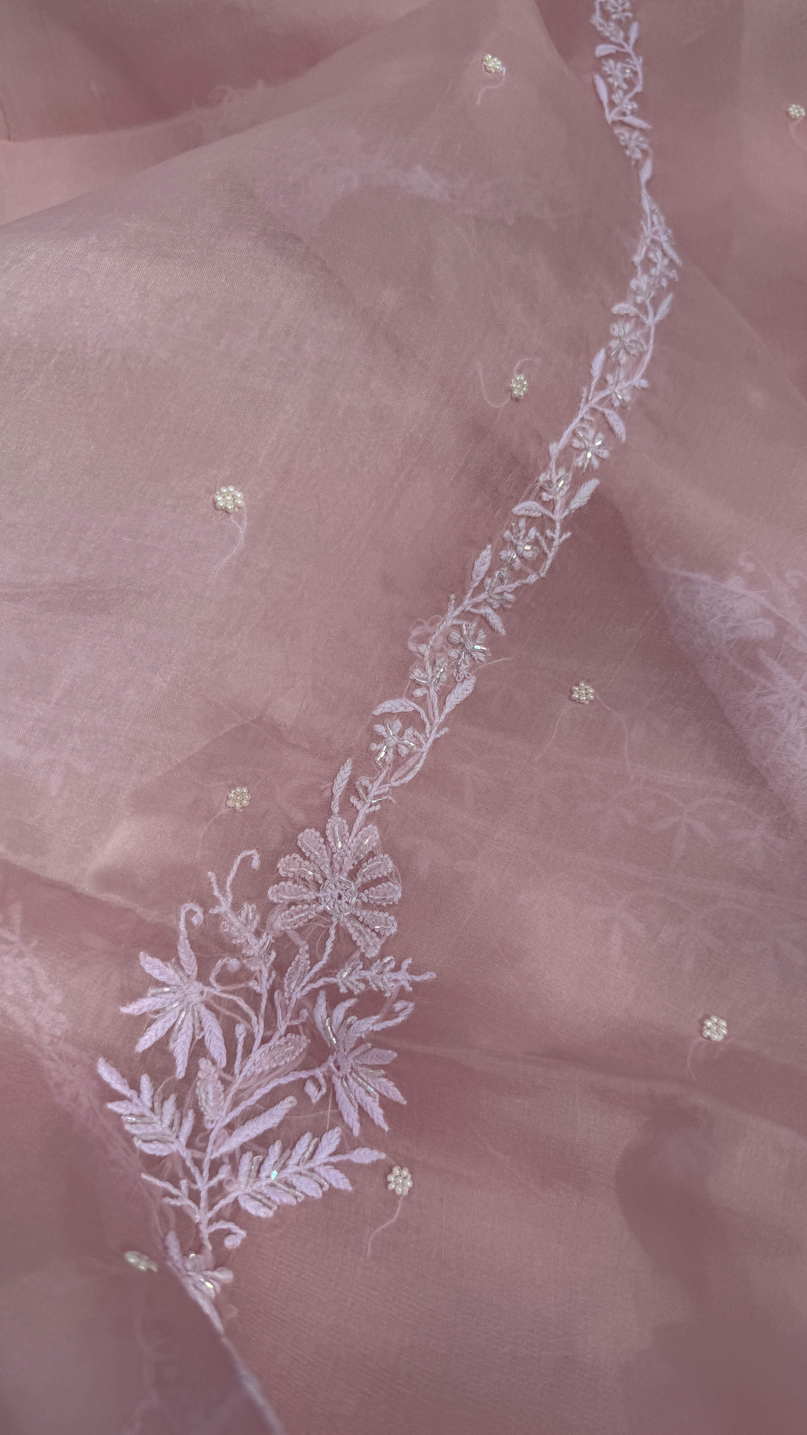 Organza Chikankari Kurta Set with Dupatta | Pearl & Cutdana Work - Pink