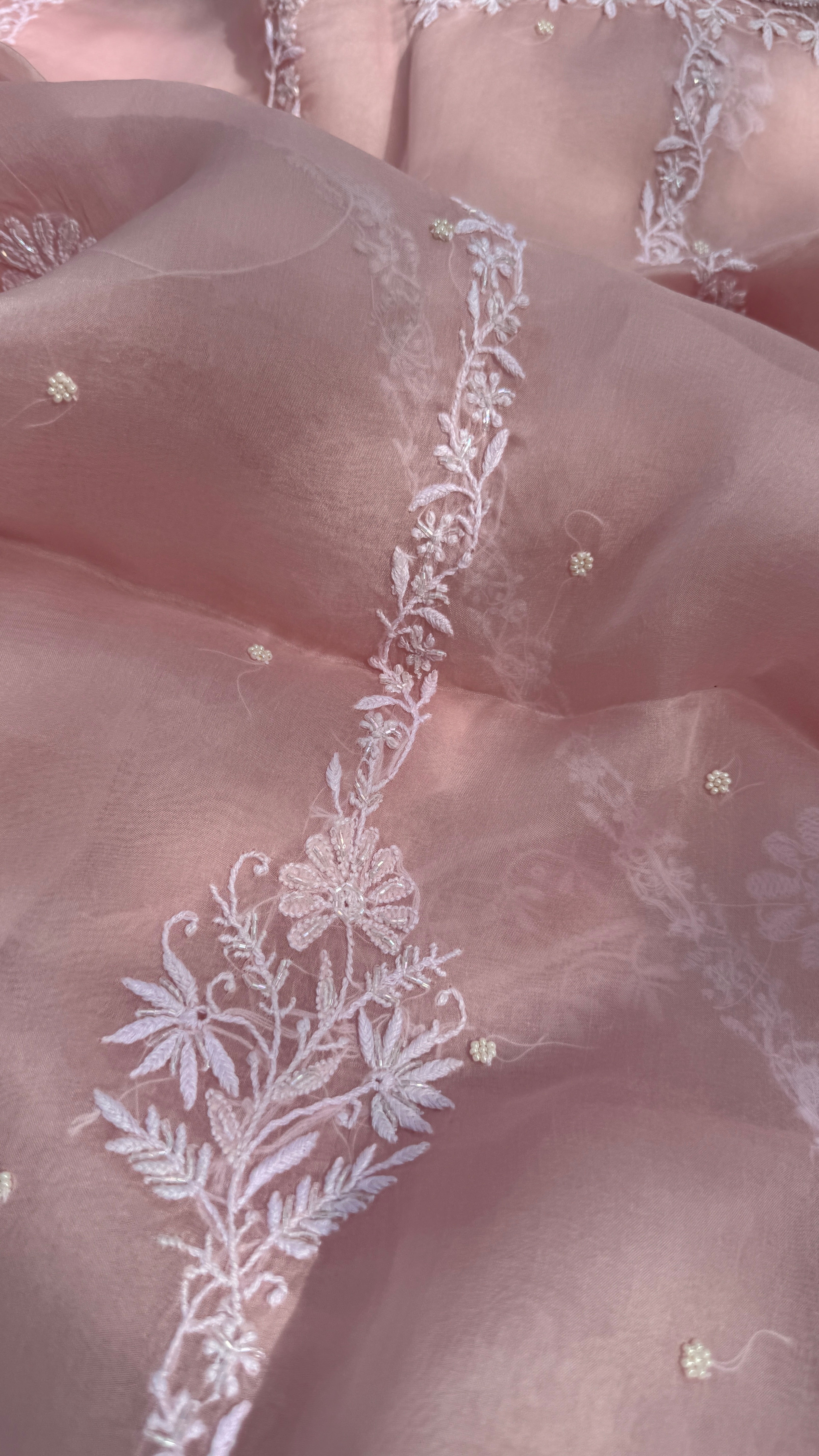 Organza Chikankari Kurta Set with Dupatta | Pearl & Cutdana Work - Pink