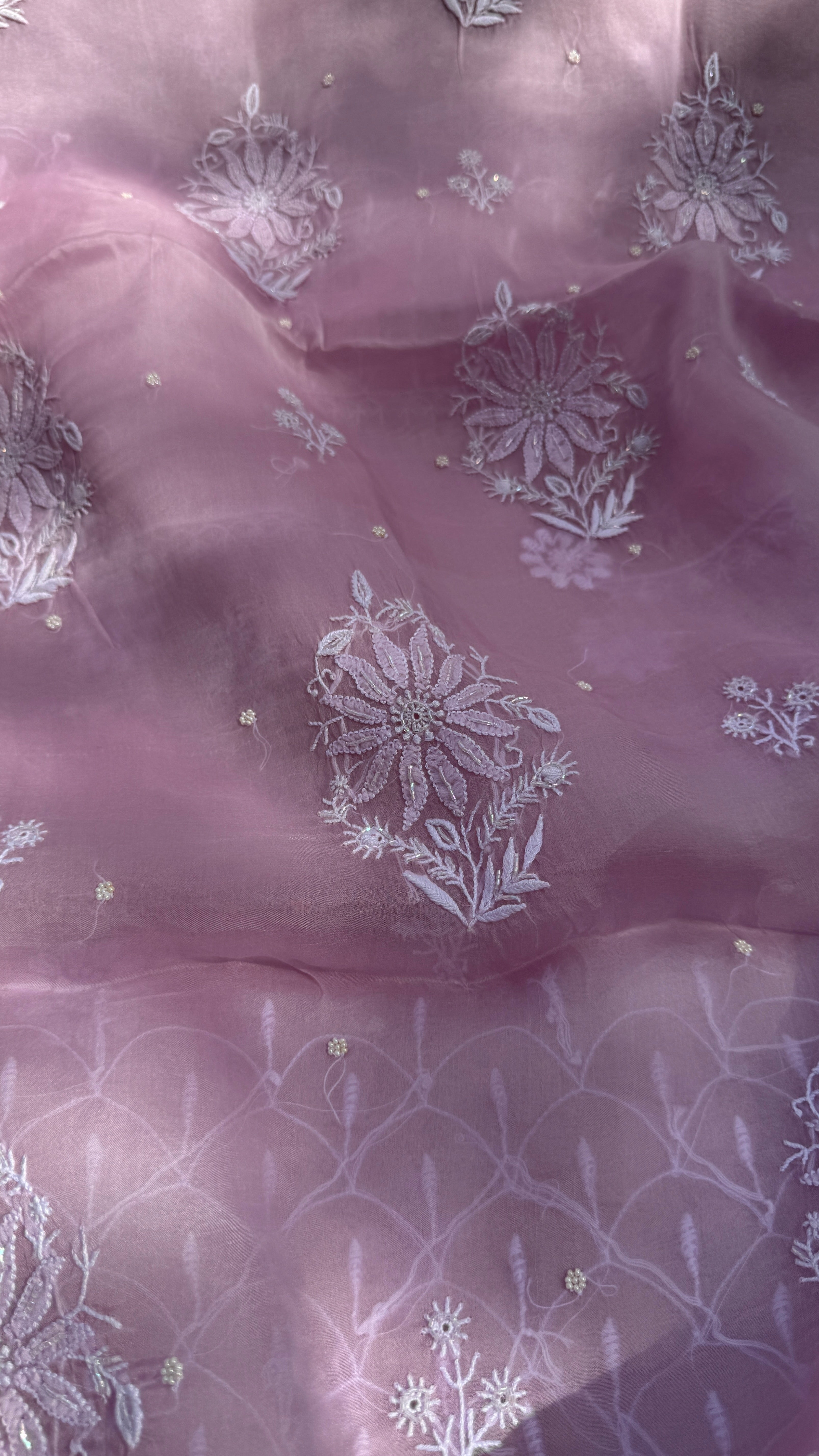 Organza Chikankari Kurta Set with Dupatta | Pearl & Cutdana Work - Rose Pink