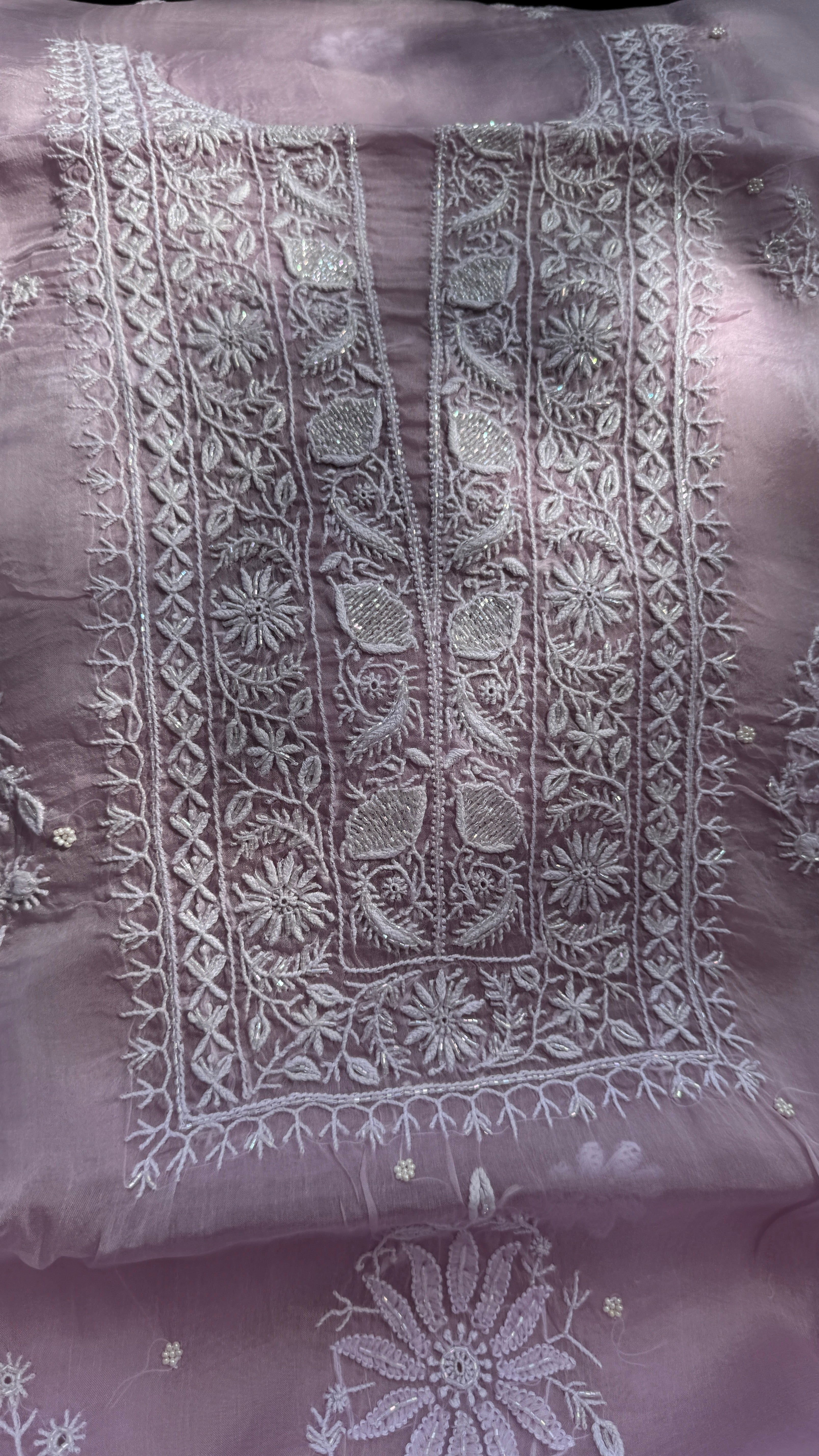 Organza Chikankari Kurta Set with Dupatta | Pearl & Cutdana Work - Rose Pink