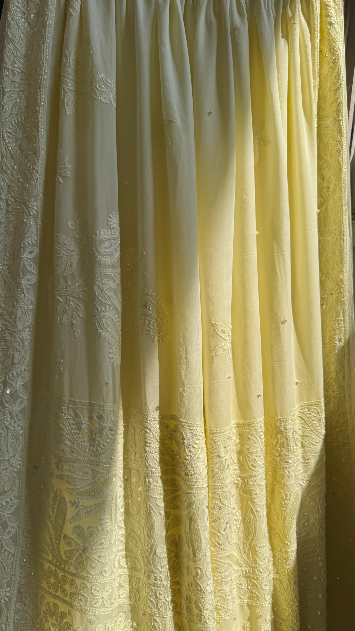 Lemon Yellow Chikankari saree with Pearl embellishments