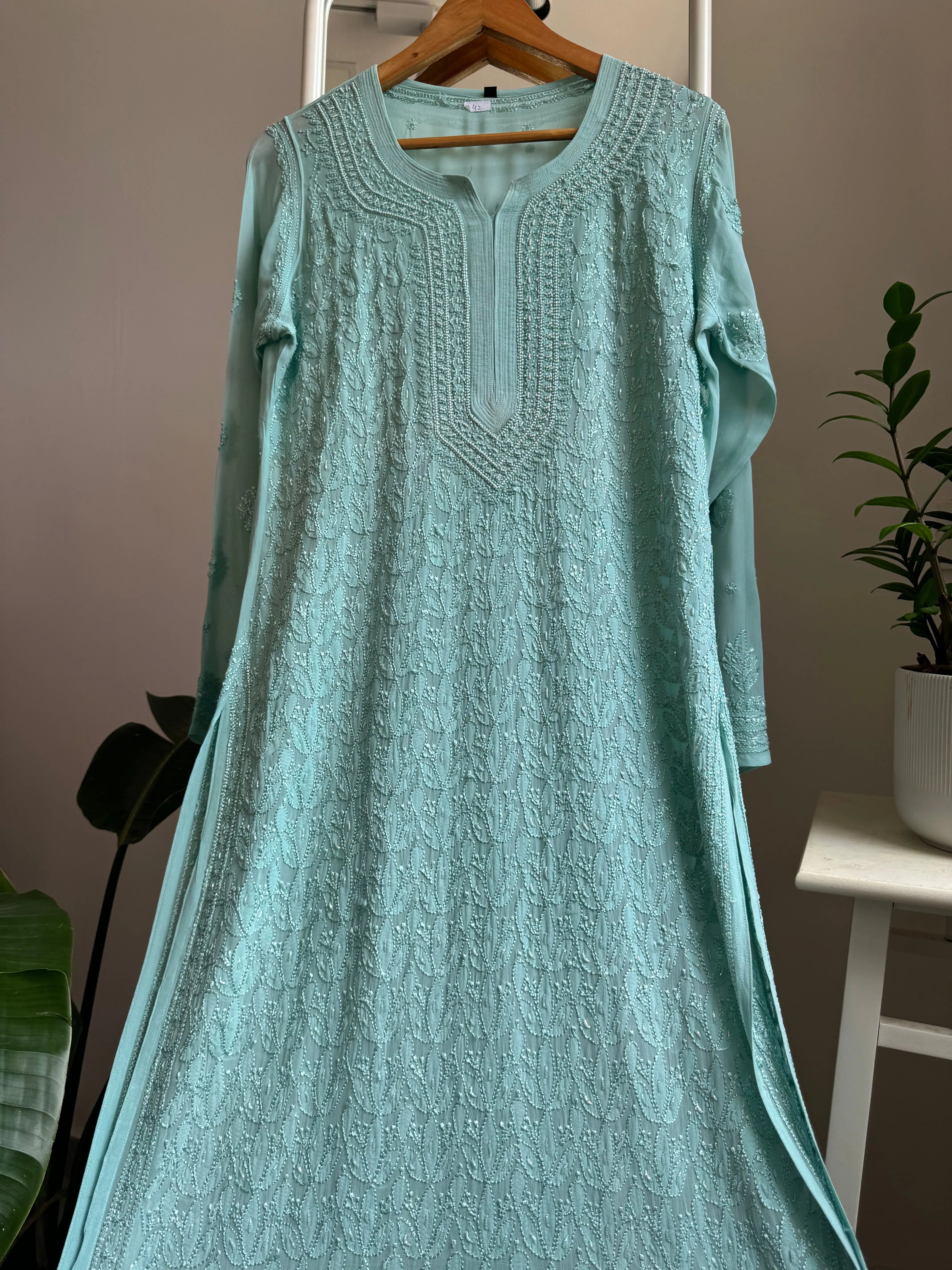 Viscose Kurti with Pearl Work - Tiffnay Green ARIAA CHIKANKARI