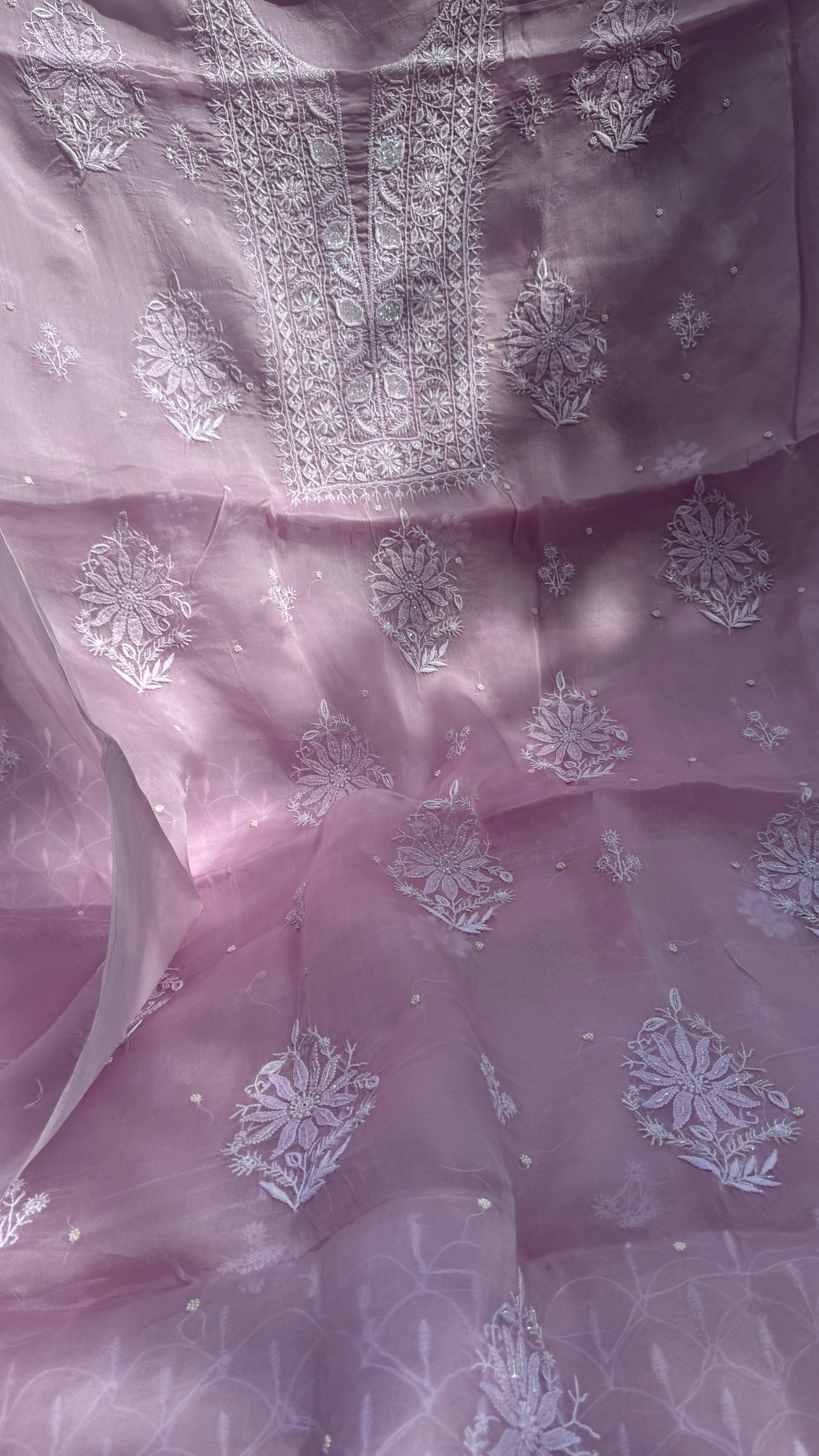 Organza Chikankari Kurta Set with Dupatta | Pearl & Cutdana Work - Rose Pink