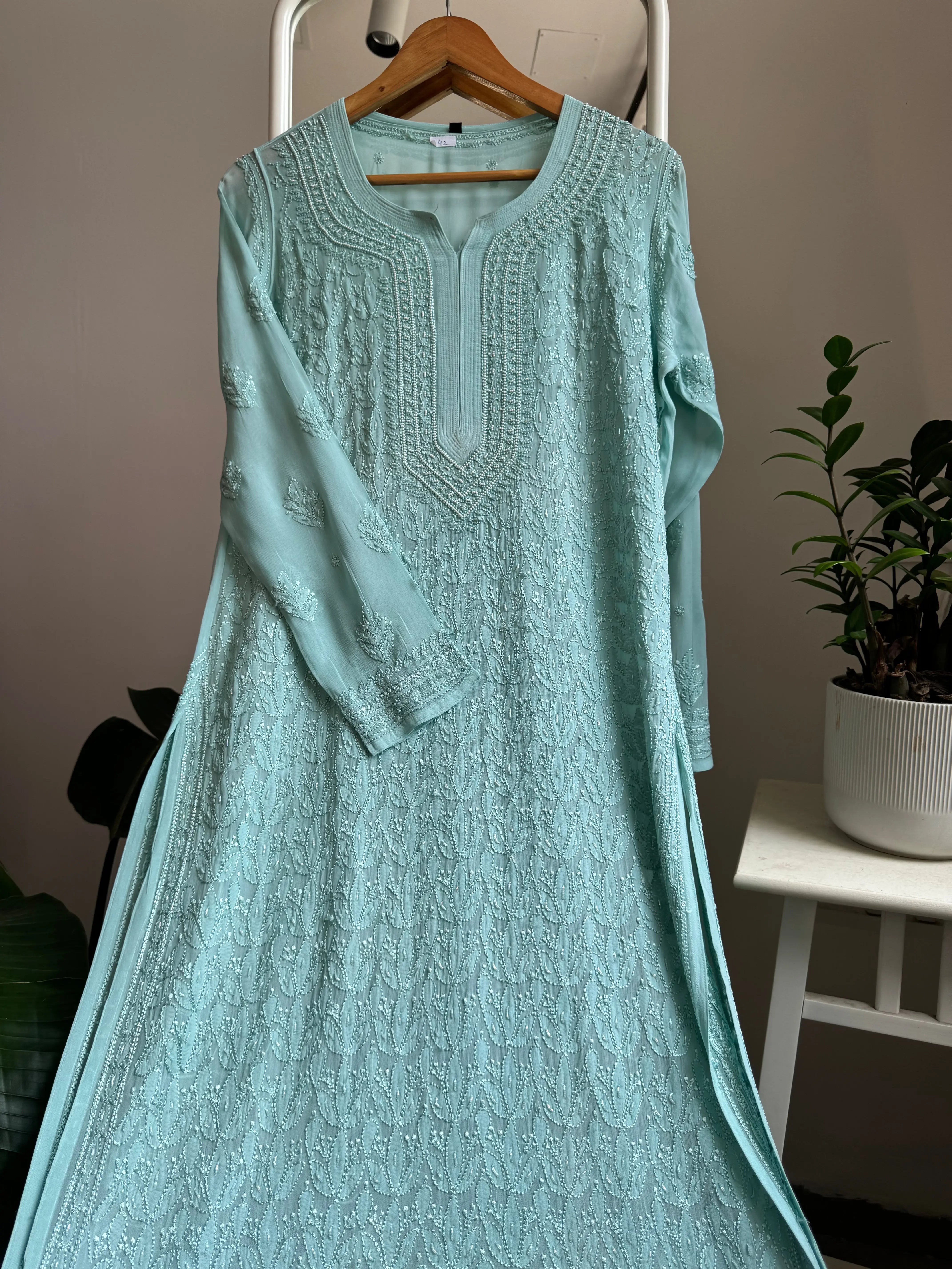 Viscose Kurti with Pearl Work - Tiffnay Green ARIAA CHIKANKARI