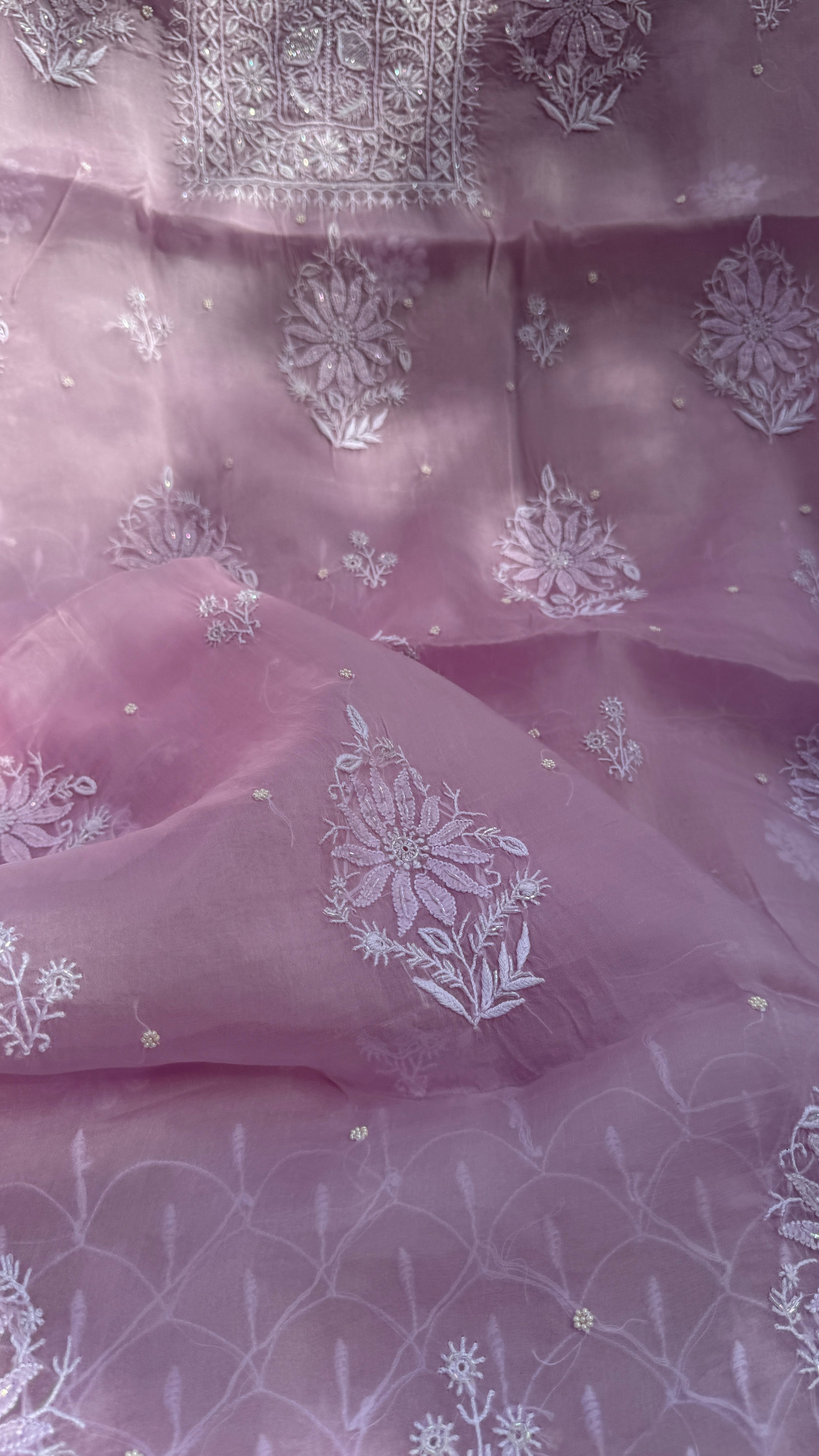 Organza Chikankari Kurta Set with Dupatta | Pearl & Cutdana Work - Rose Pink