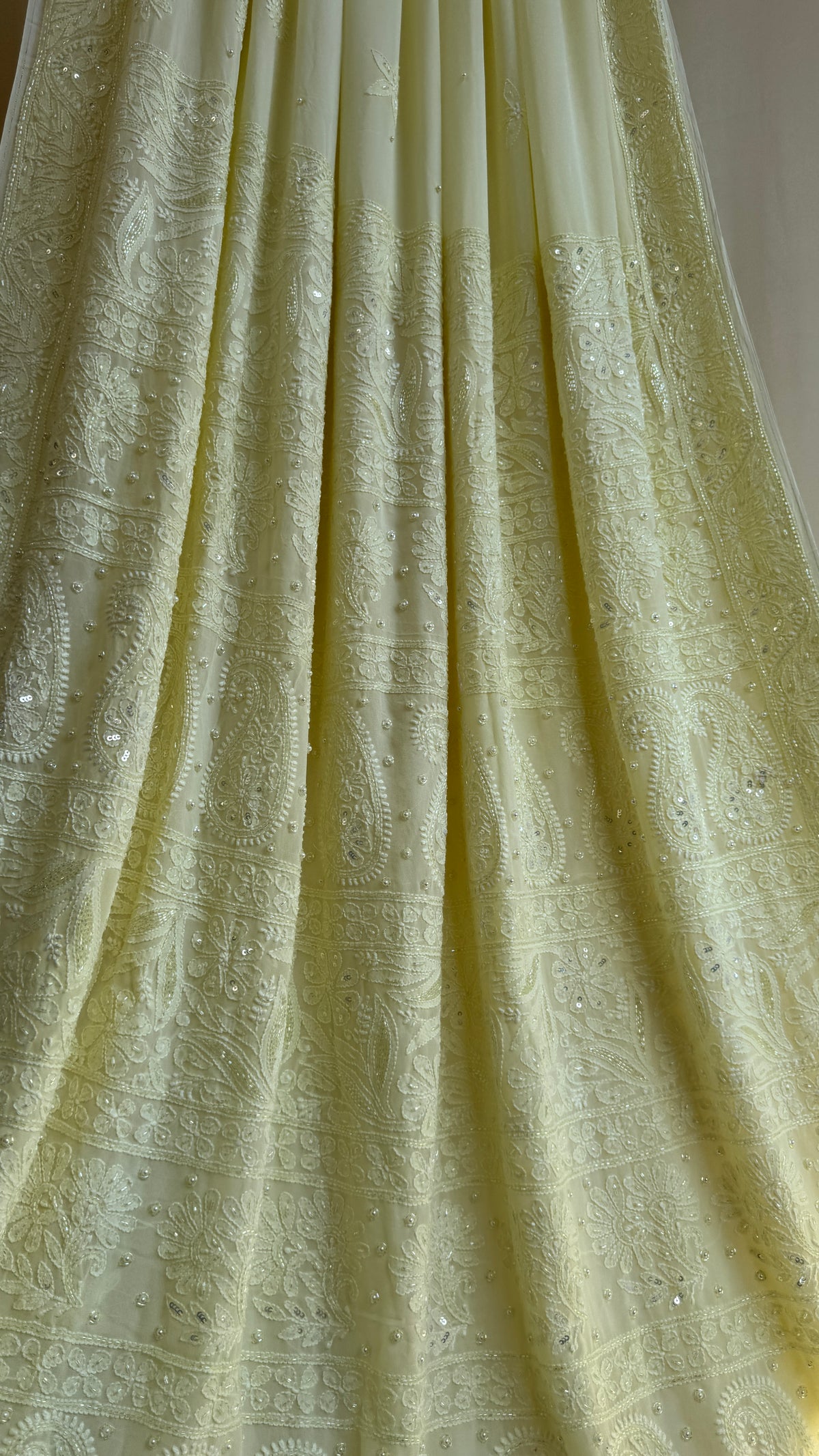 Lemon Yellow Chikankari saree with Pearl embellishments