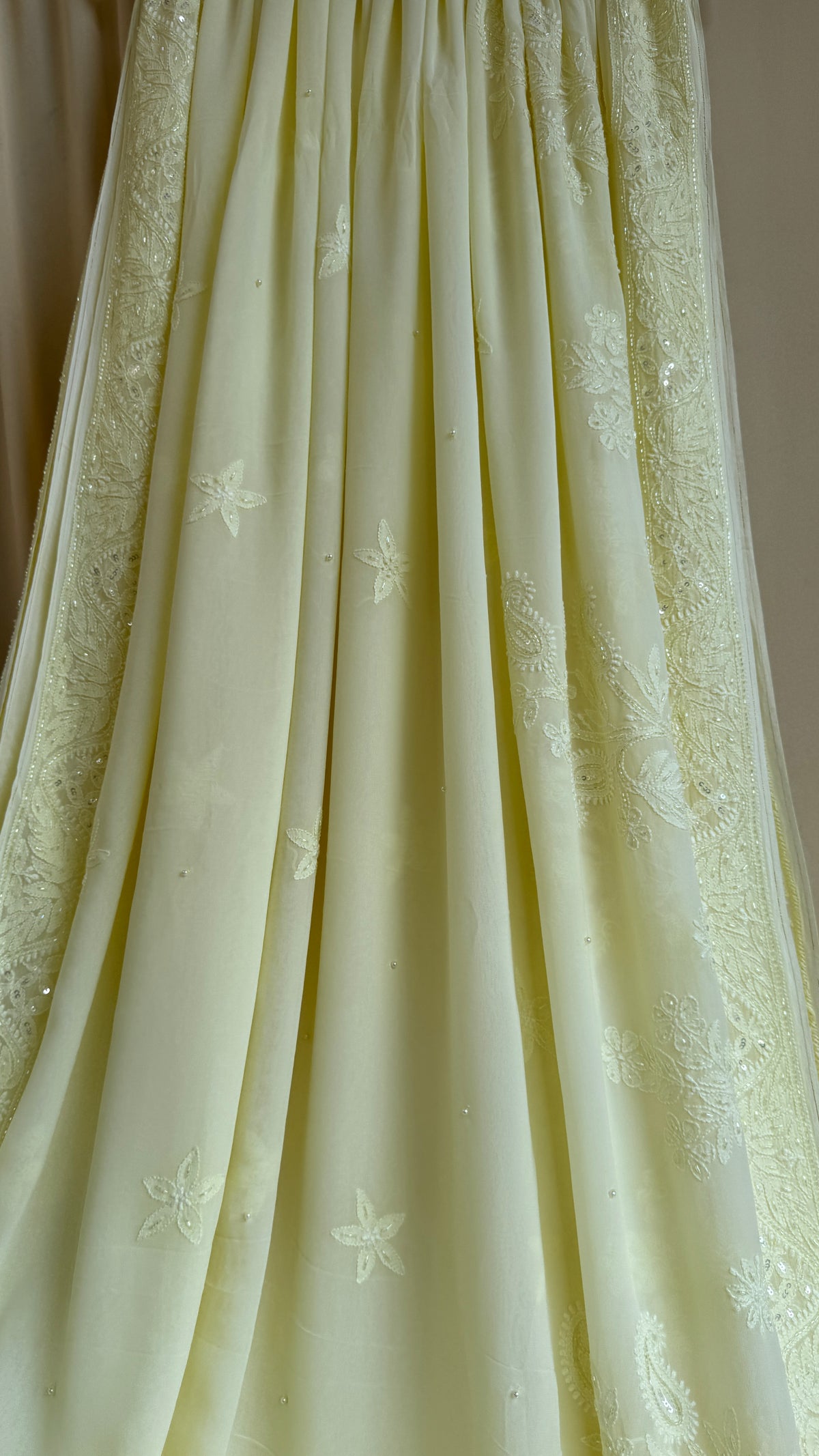 Lemon Yellow Chikankari saree with Pearl embellishments