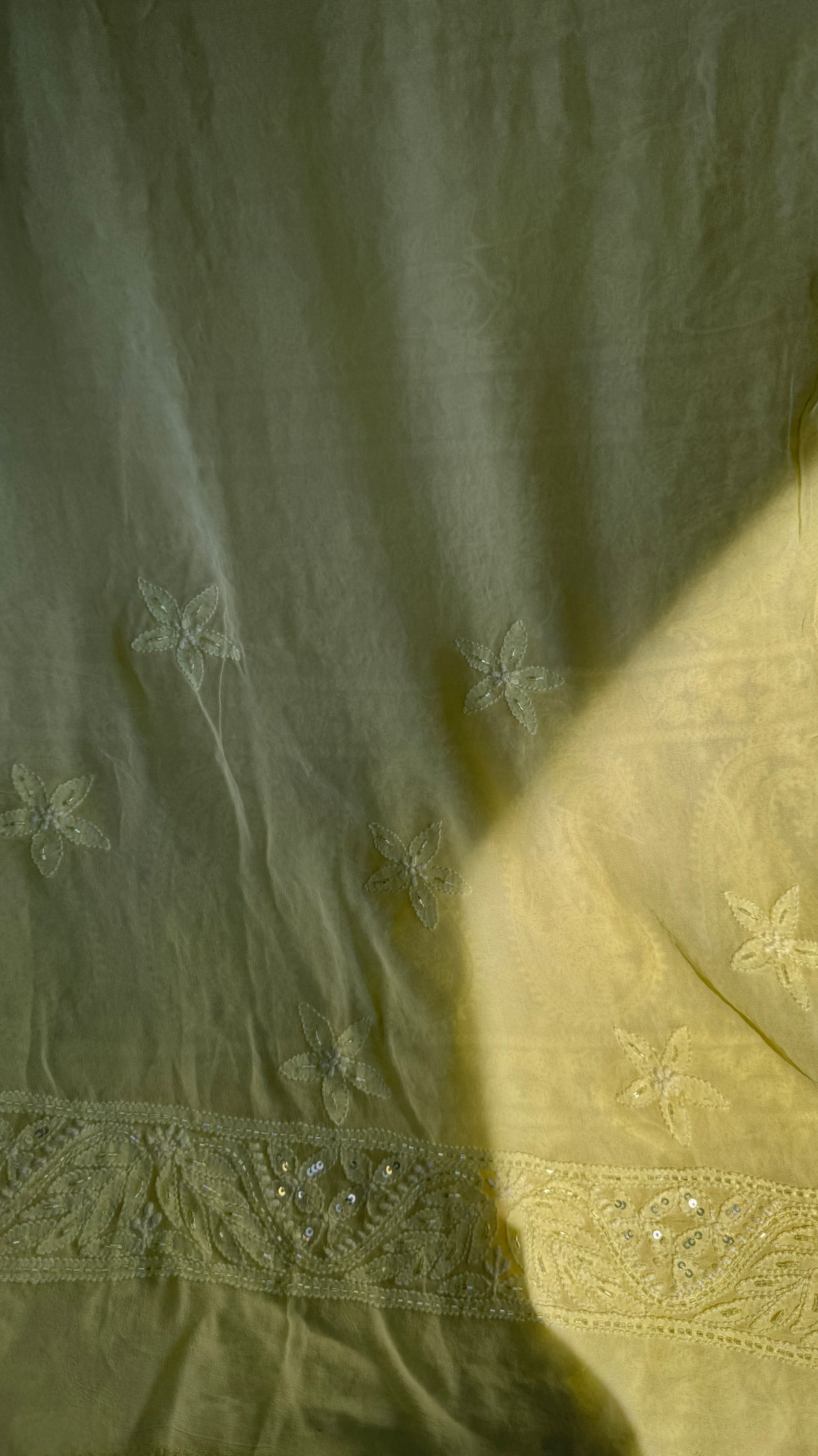 Lemon Yellow Chikankari saree with Pearl embellishments