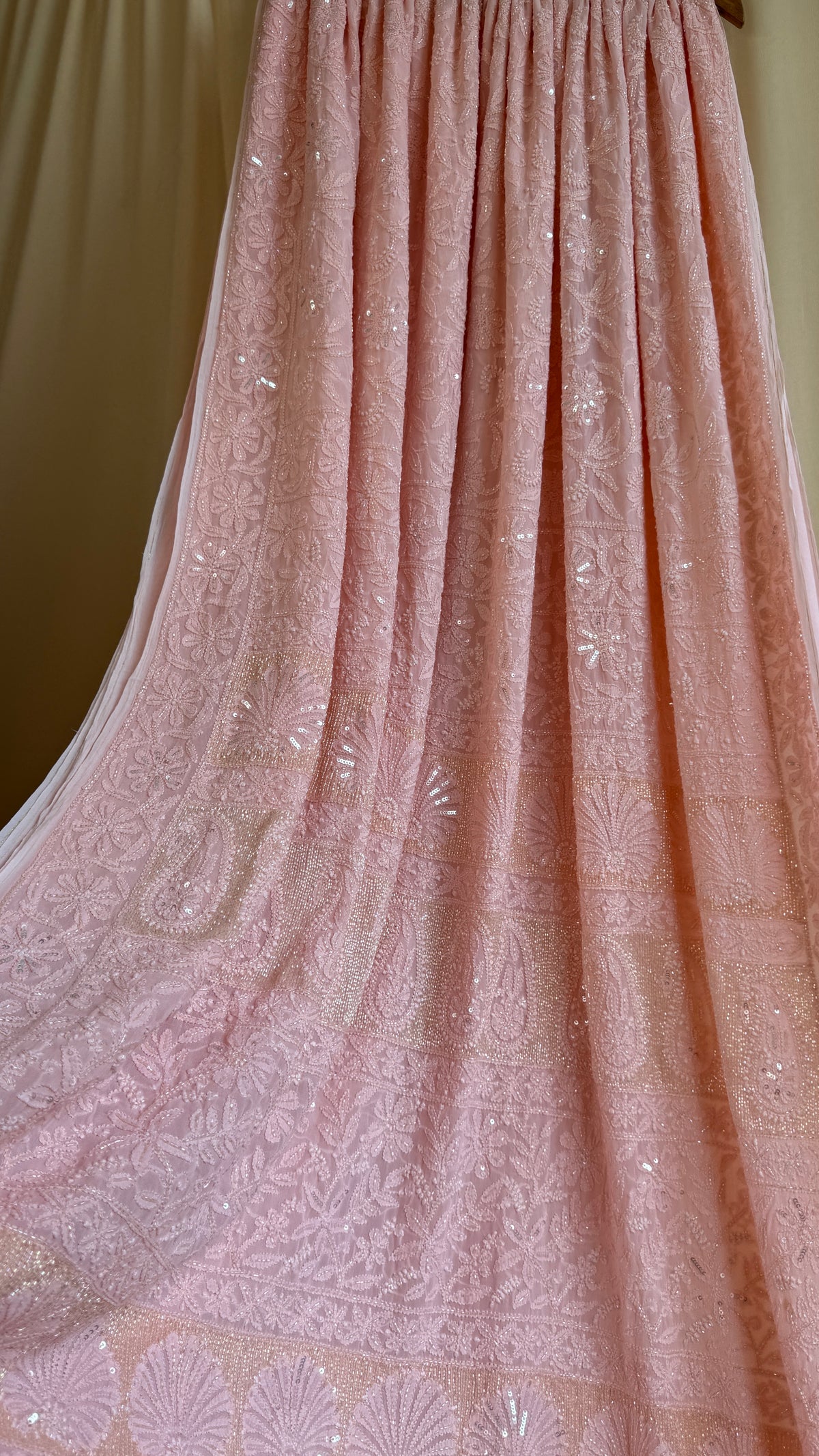 Viscose Chikankari saree with Pearl embellishments -Peach-Full Jaal