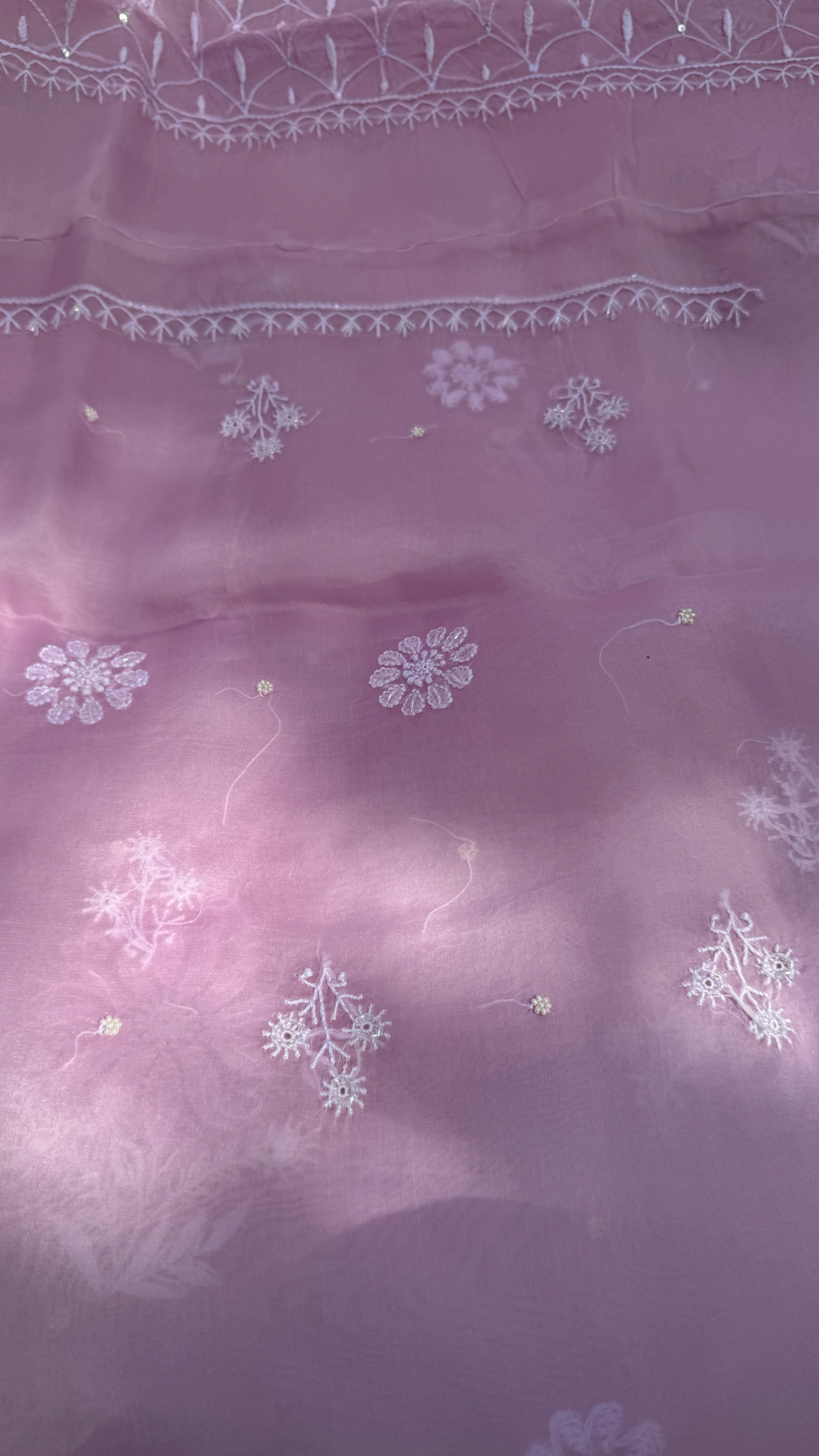 Organza Chikankari Kurta Set with Dupatta | Pearl & Cutdana Work - Rose Pink