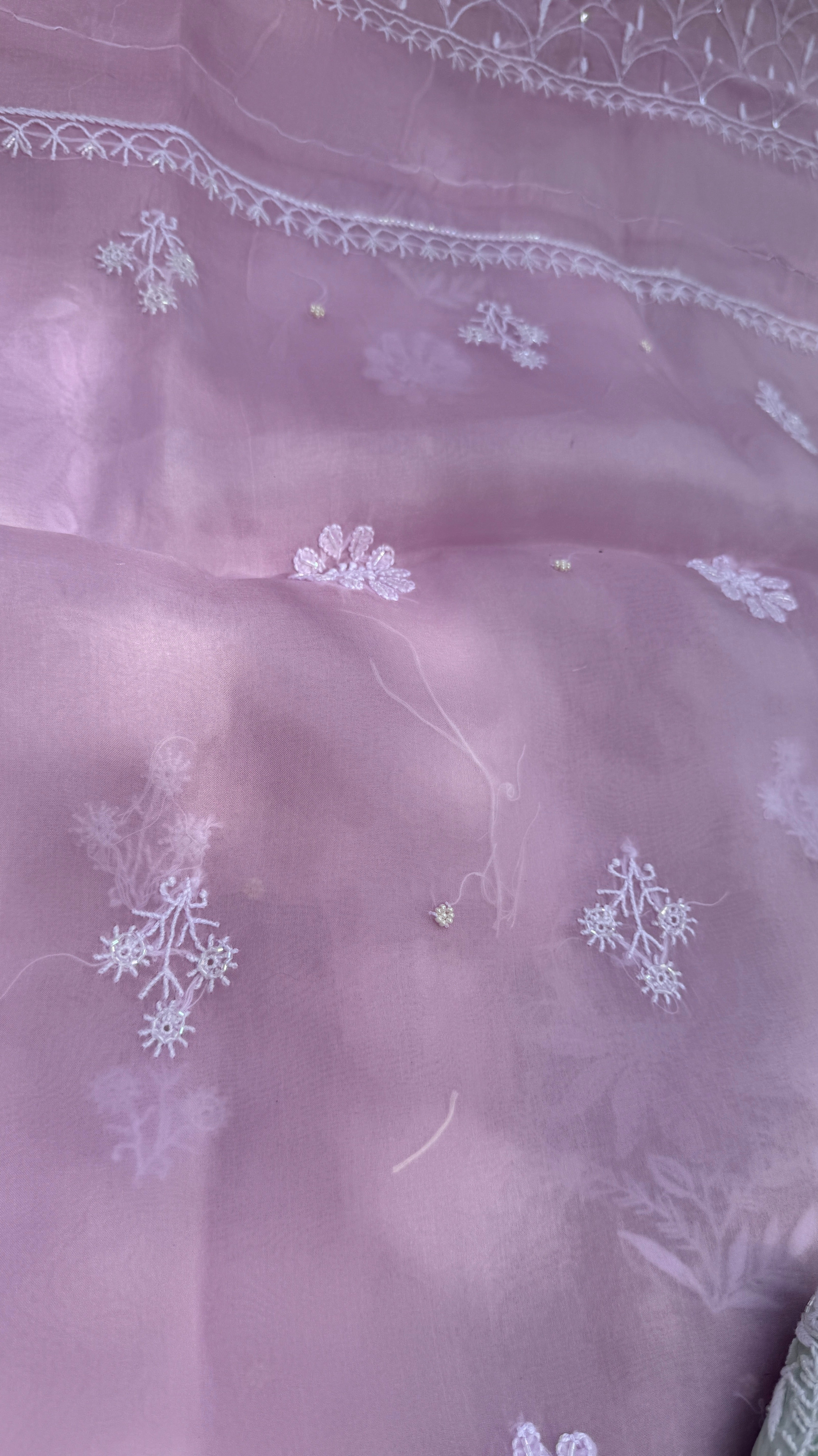 Organza Chikankari Kurta Set with Dupatta | Pearl & Cutdana Work - Rose Pink