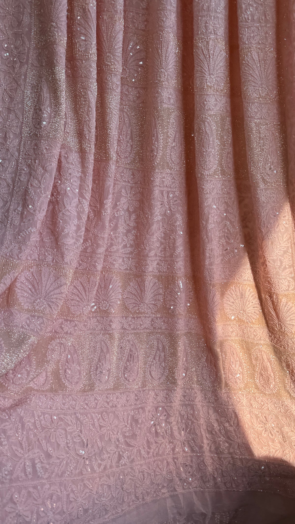 Viscose Chikankari saree with Pearl embellishments -Peach-Full Jaal