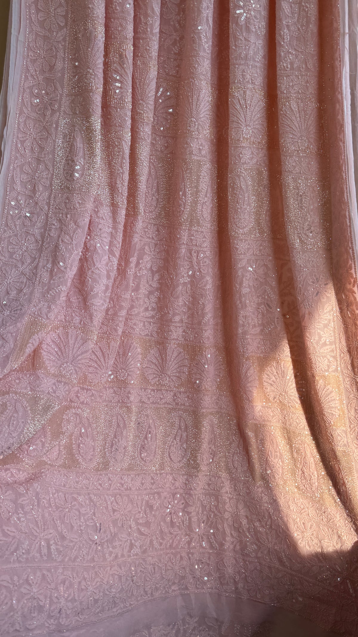 Viscose Chikankari saree with Pearl embellishments -Peach-Full Jaal