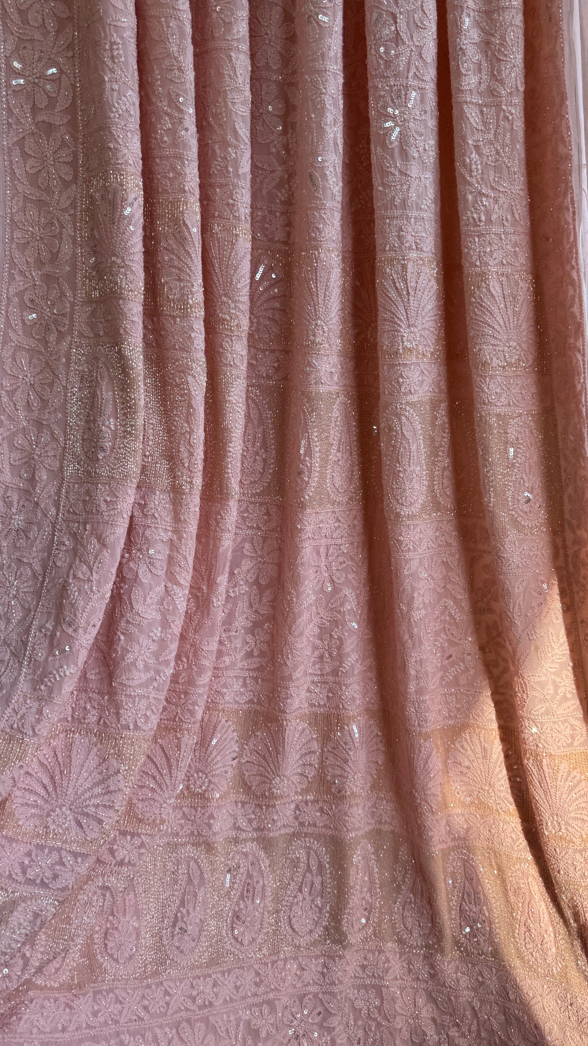 Viscose Chikankari saree with Pearl embellishments -Peach-Full Jaal