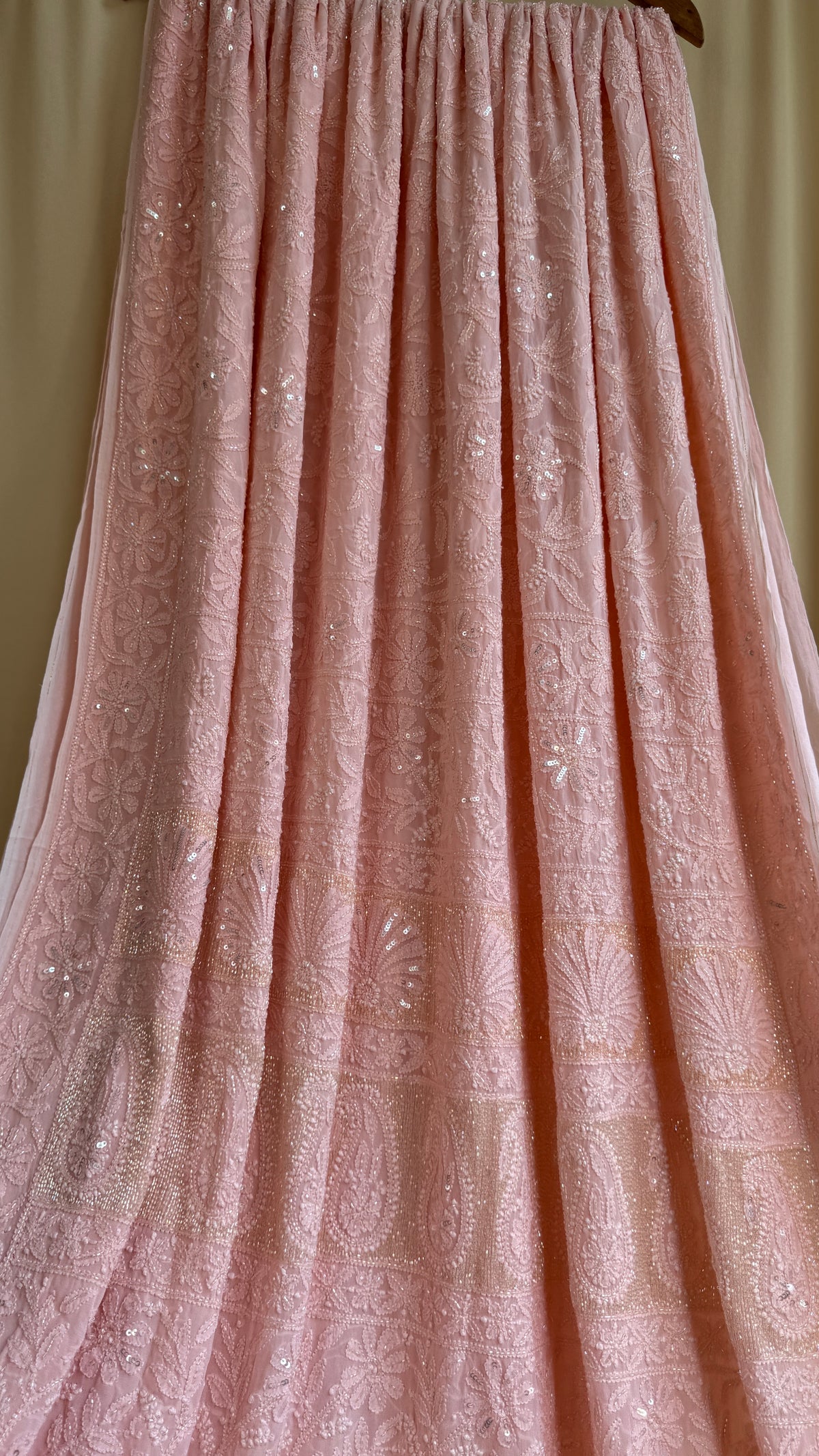 Viscose Chikankari saree with Pearl embellishments -Peach-Full Jaal