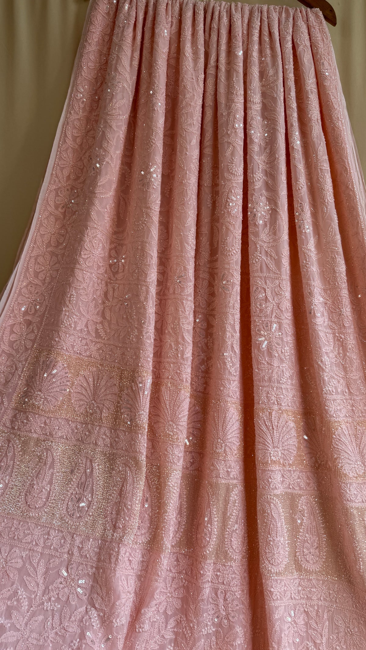 Viscose Chikankari saree with Pearl embellishments -Peach-Full Jaal