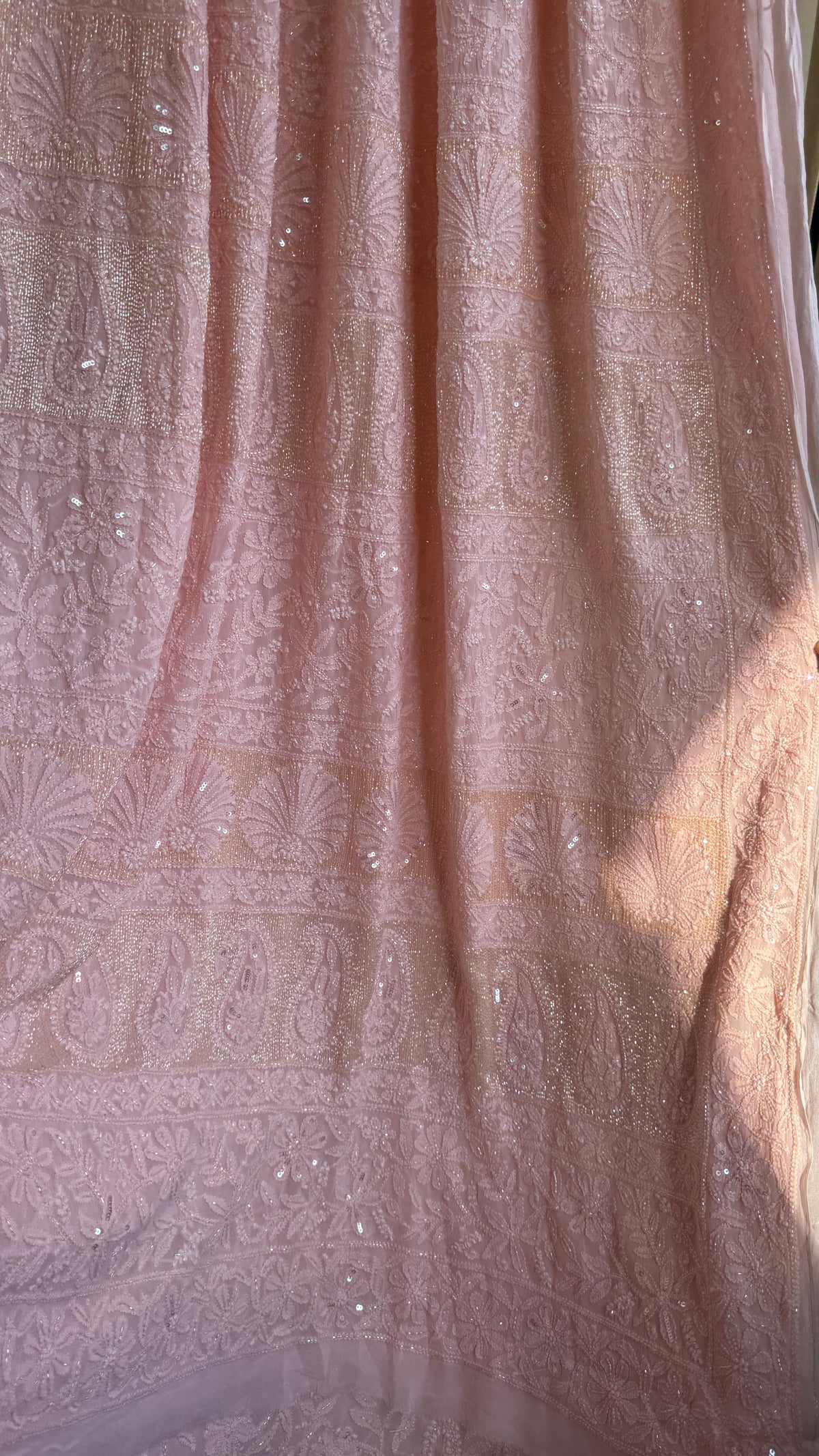 Viscose Chikankari saree with Pearl embellishments -Peach-Full Jaal