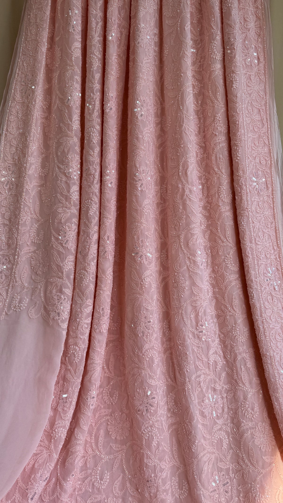Viscose Chikankari saree with Pearl embellishments -Peach-Full Jaal