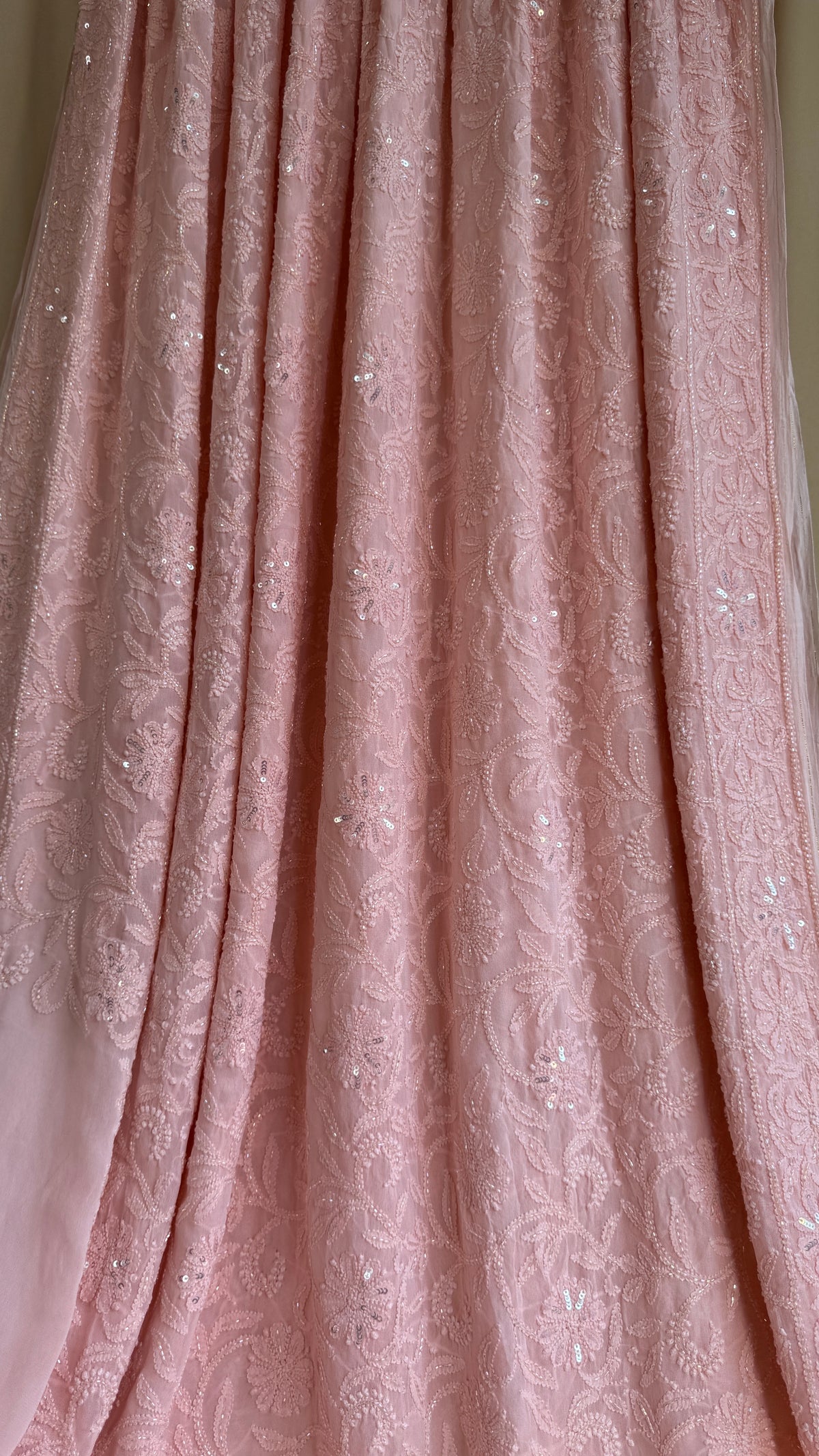 Viscose Chikankari saree with Pearl embellishments -Peach-Full Jaal