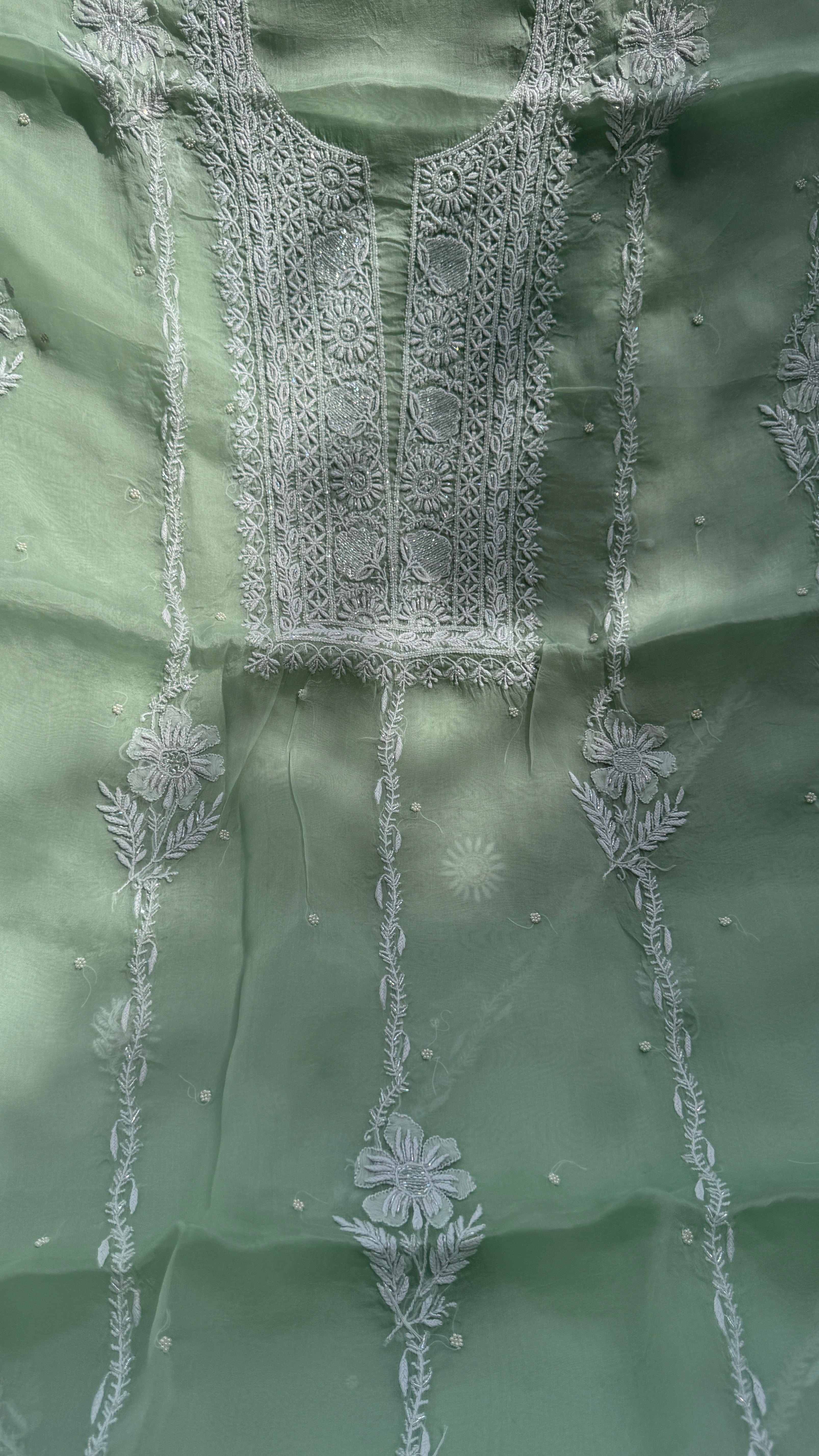 Organza Chikankari Kurta Set with Dupatta | Pearl & Cutdana Work - Green