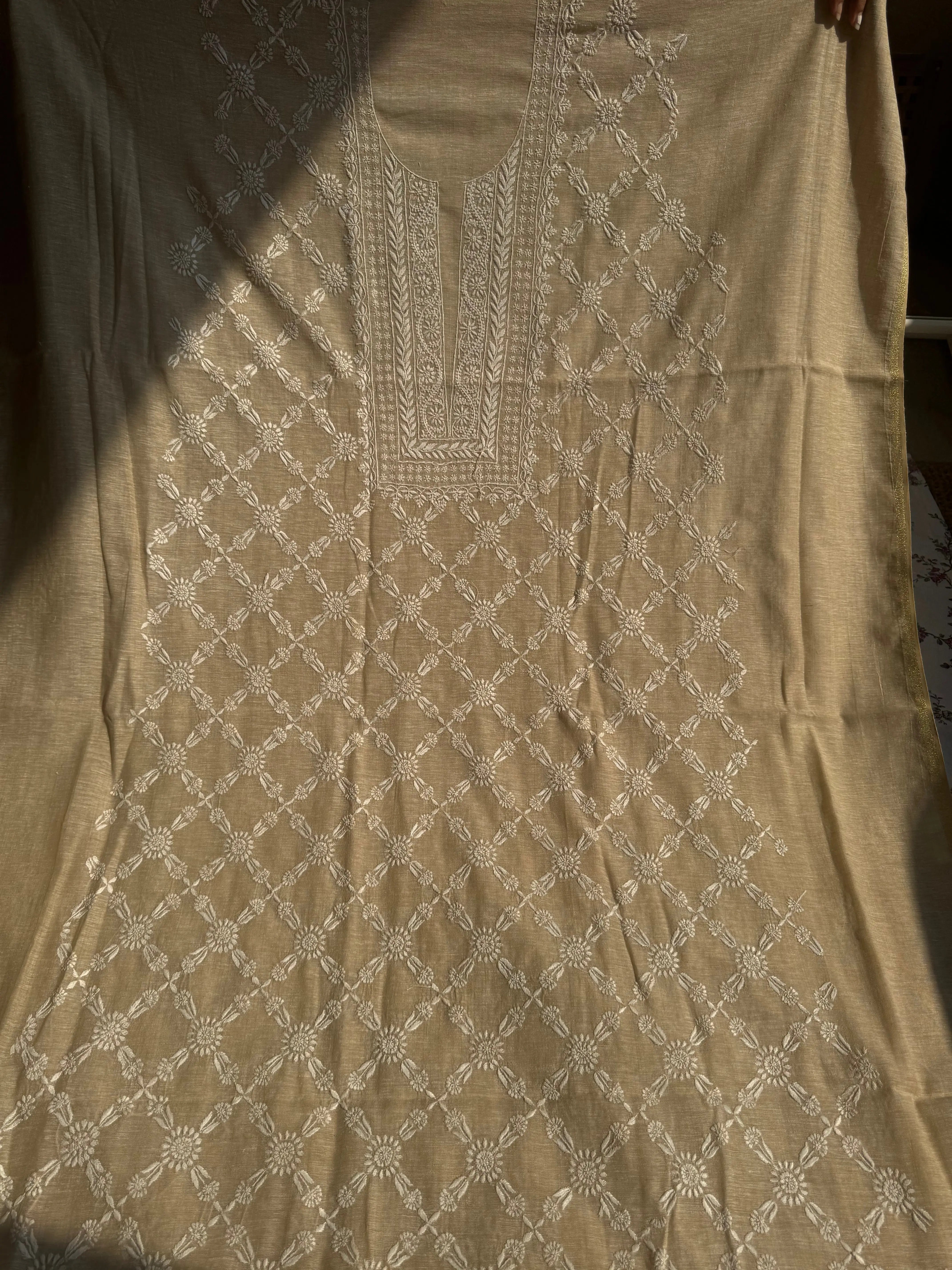Khaadi Cotton Chikankari Kurti Length - Natural Beige ARIAA CHIKANKARI