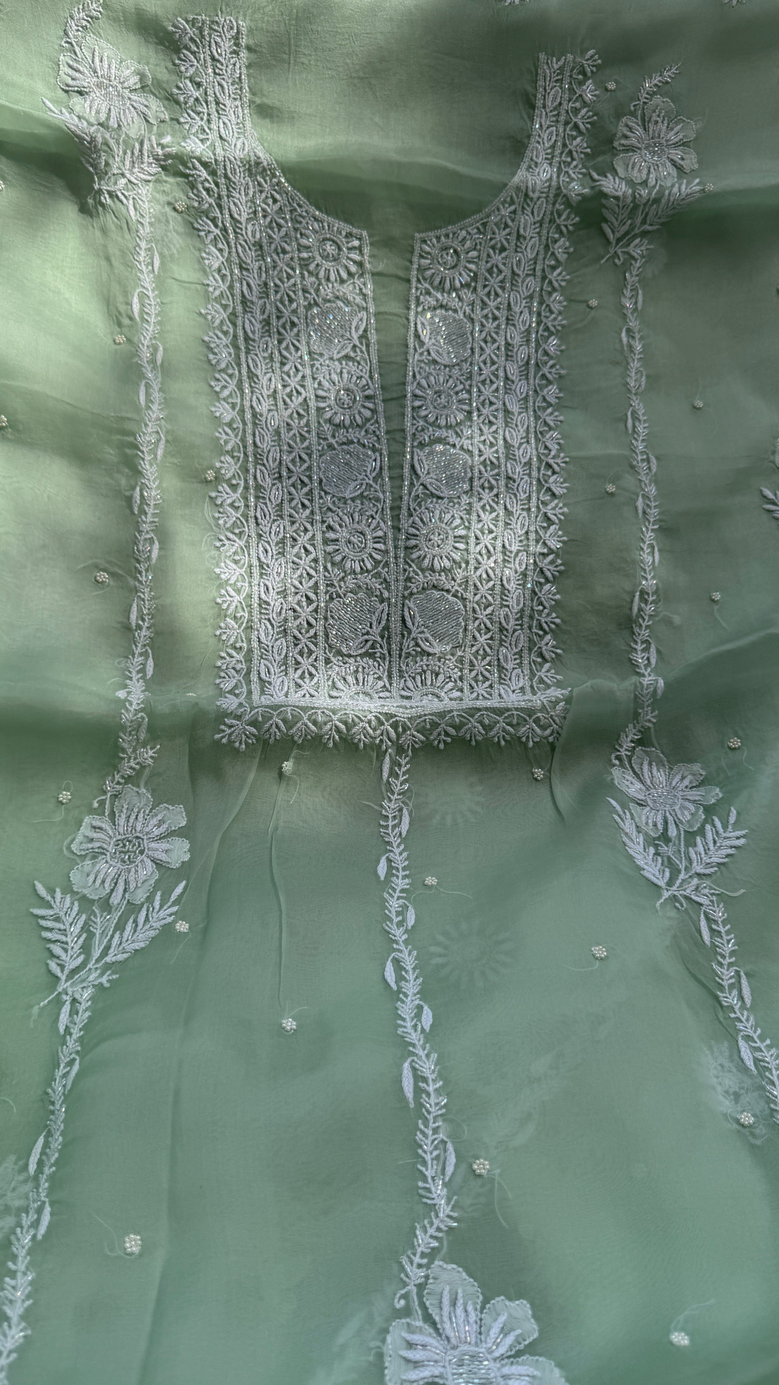 Organza Chikankari Kurta Set with Dupatta | Pearl & Cutdana Work - Green