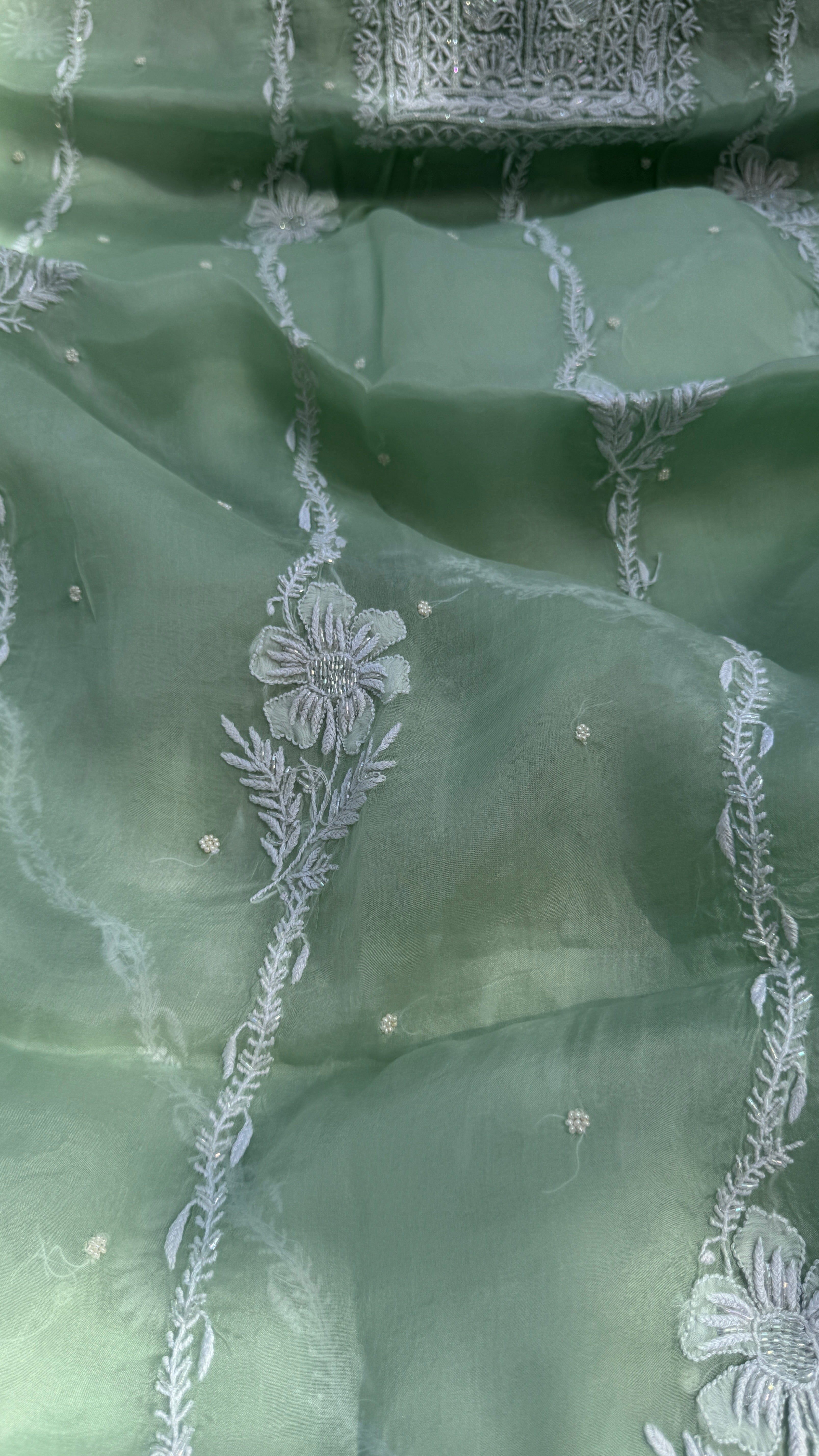 Organza Chikankari Kurta Set with Dupatta | Pearl & Cutdana Work - Green