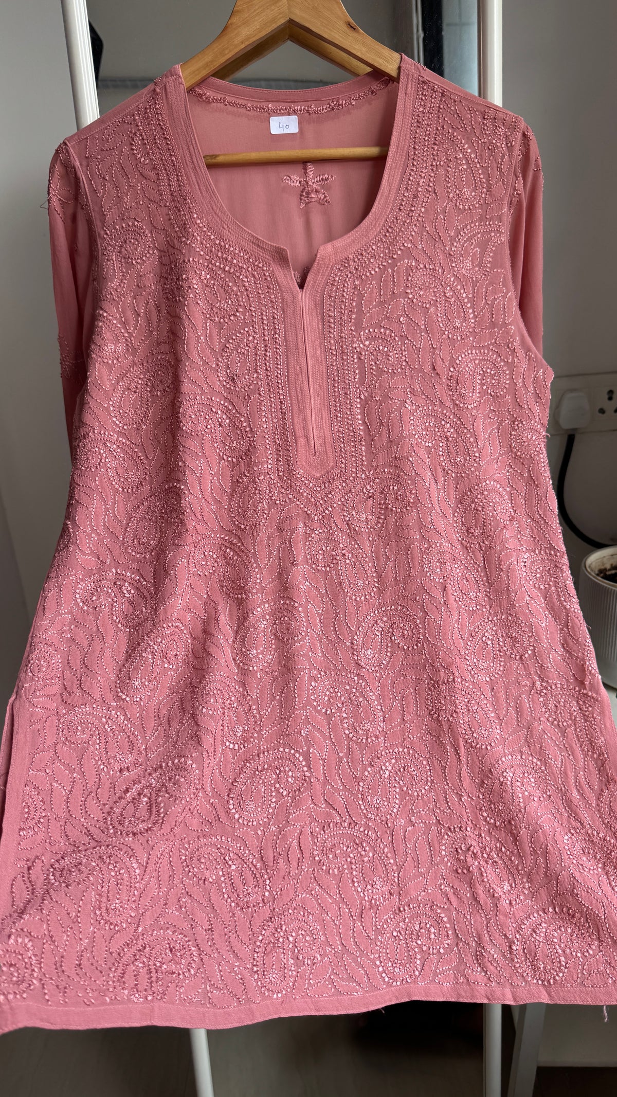 Chikankari Viscose Georgette short Top in deep roswood