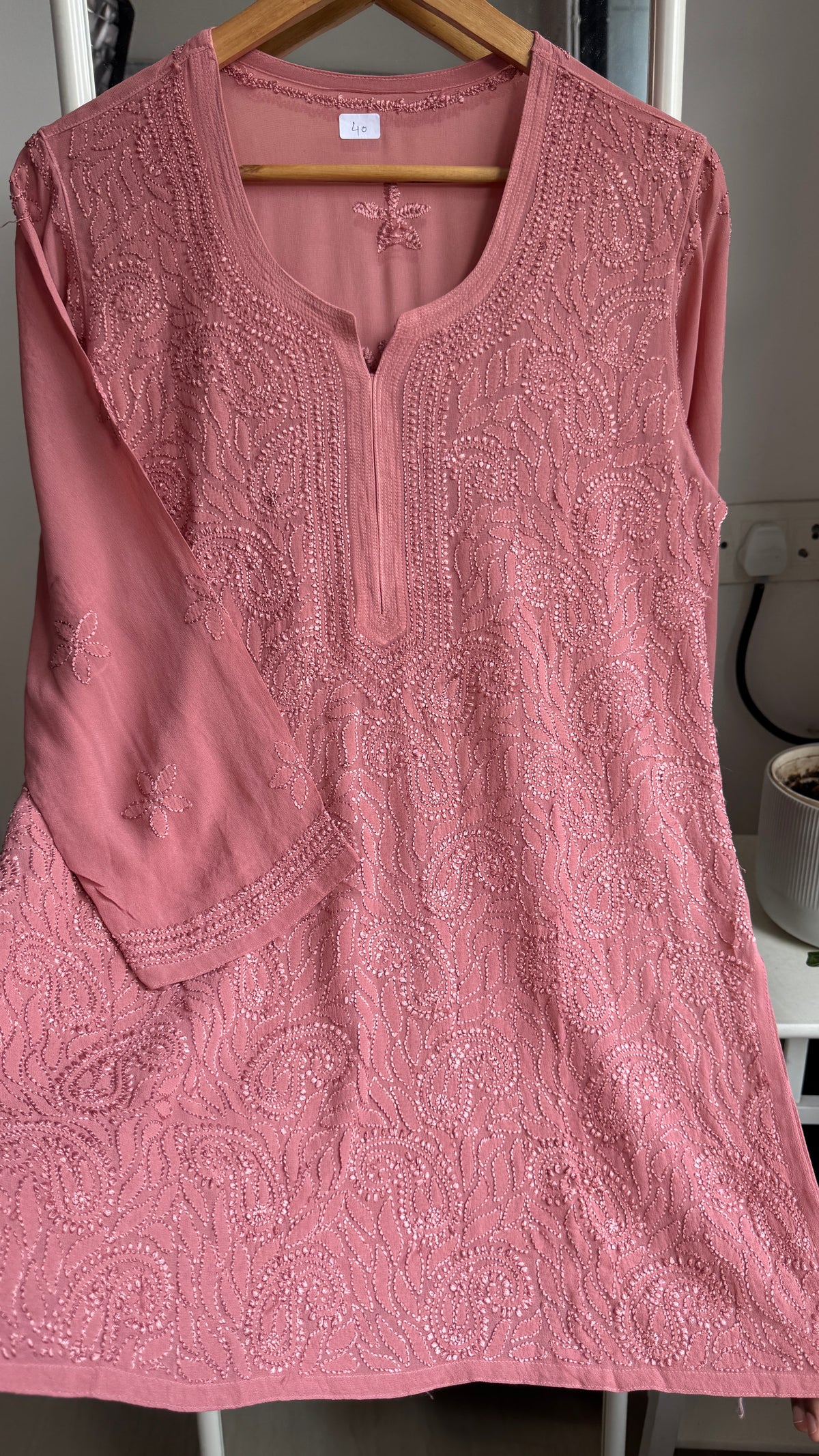 Chikankari Viscose Georgette short Top in deep roswood