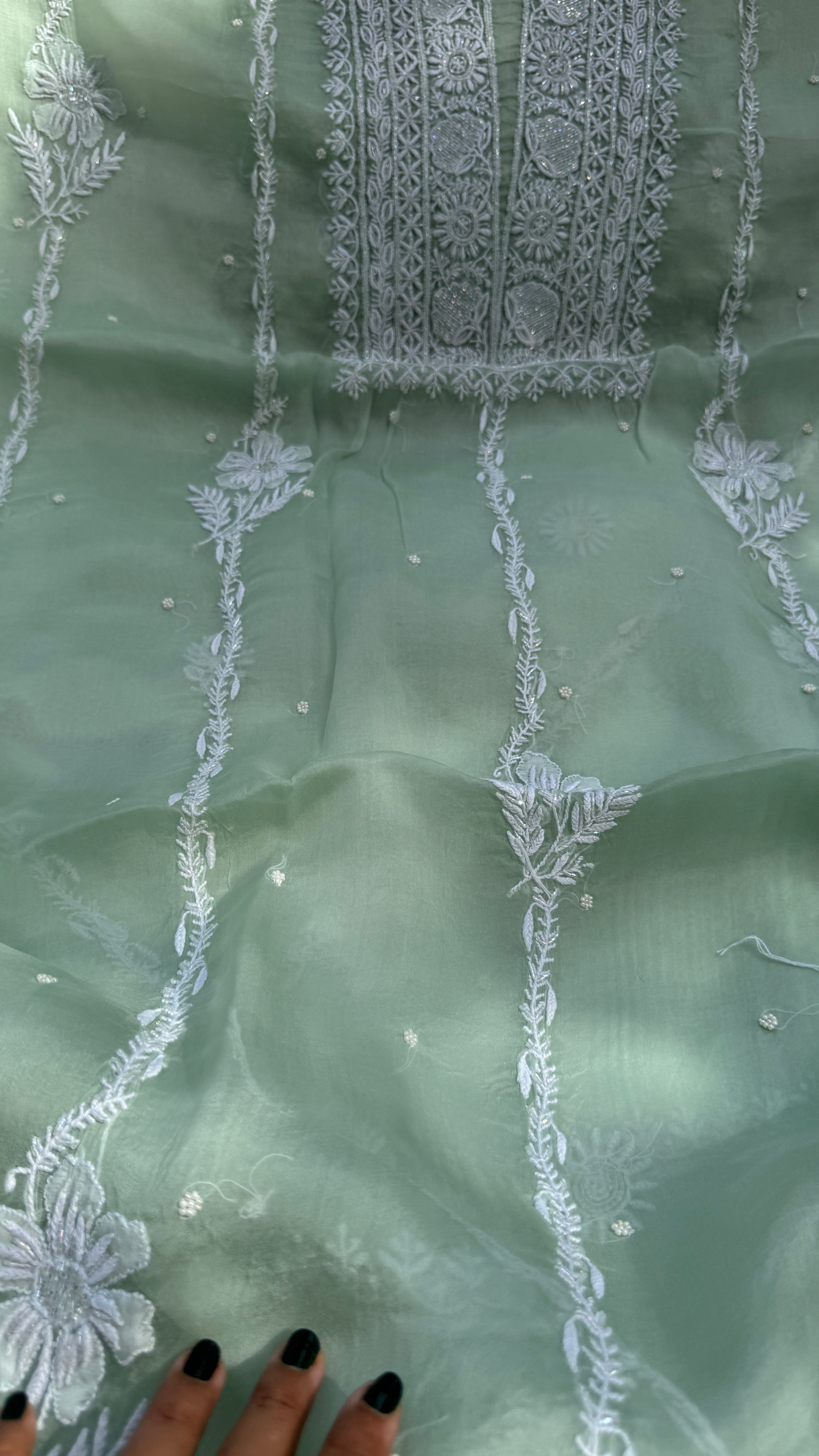 Organza Chikankari Kurta Set with Dupatta | Pearl & Cutdana Work - Green