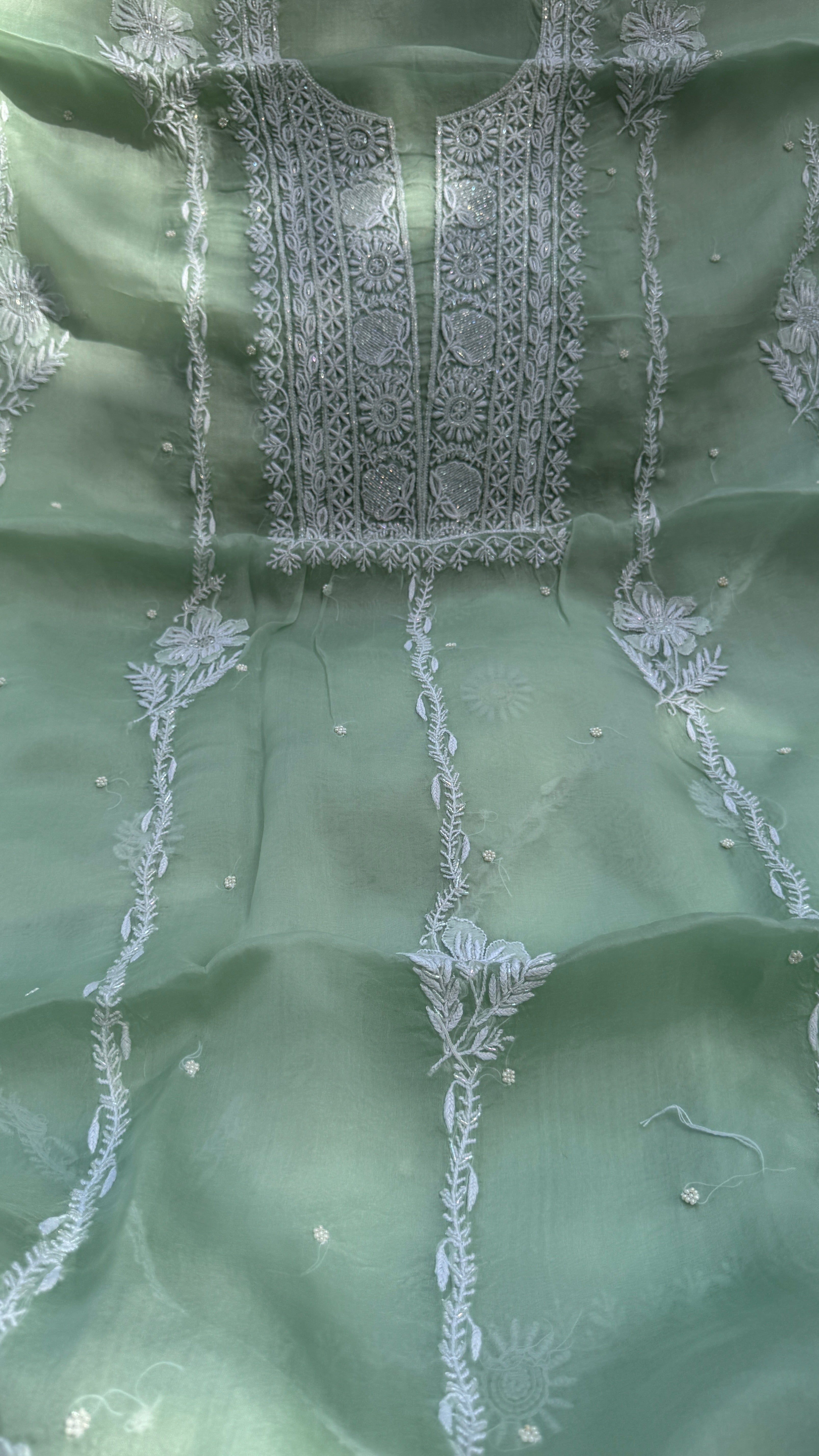 Organza Chikankari Kurta Set with Dupatta | Pearl & Cutdana Work - Green