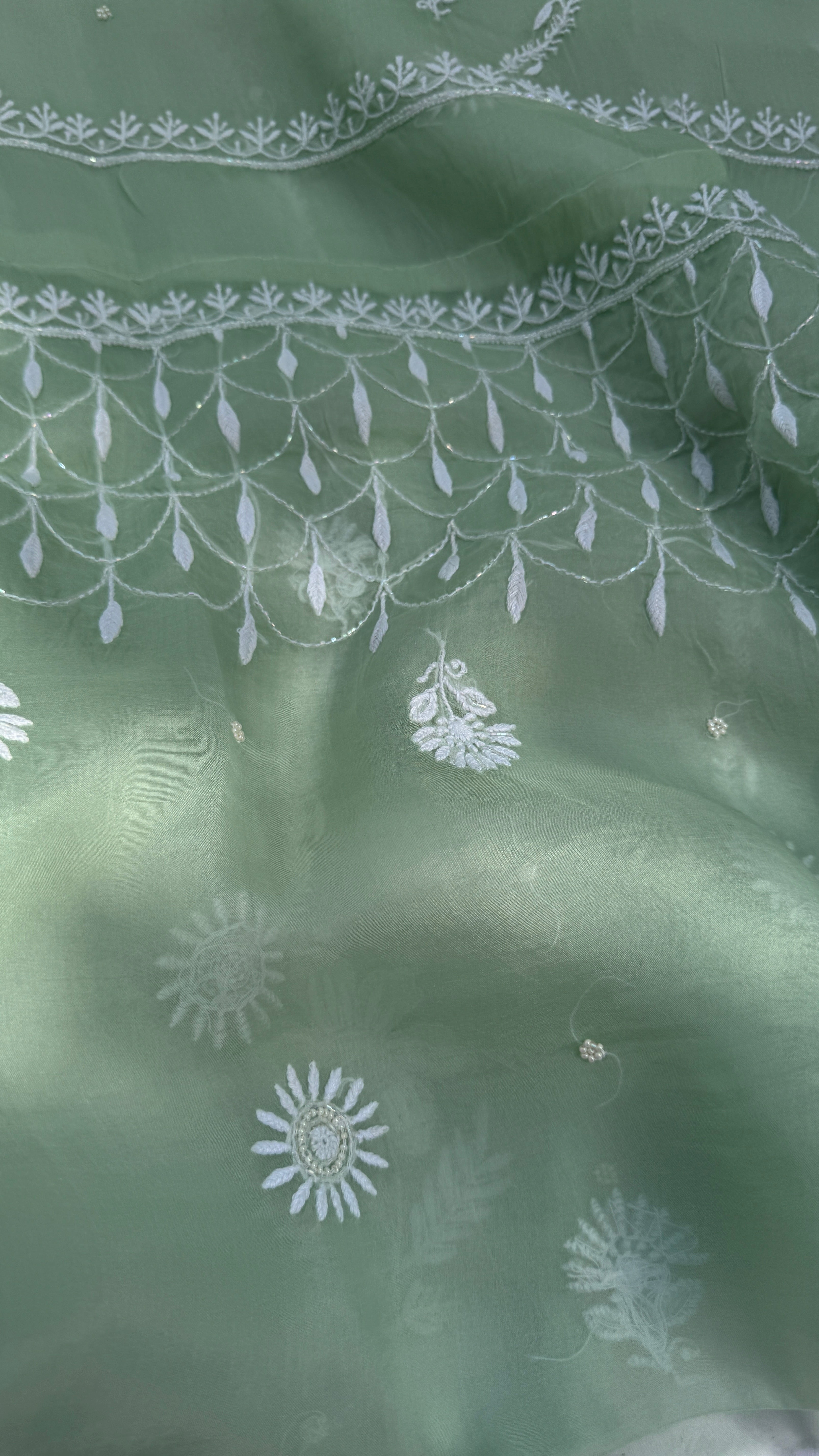 Organza Chikankari Kurta Set with Dupatta | Pearl & Cutdana Work - Green