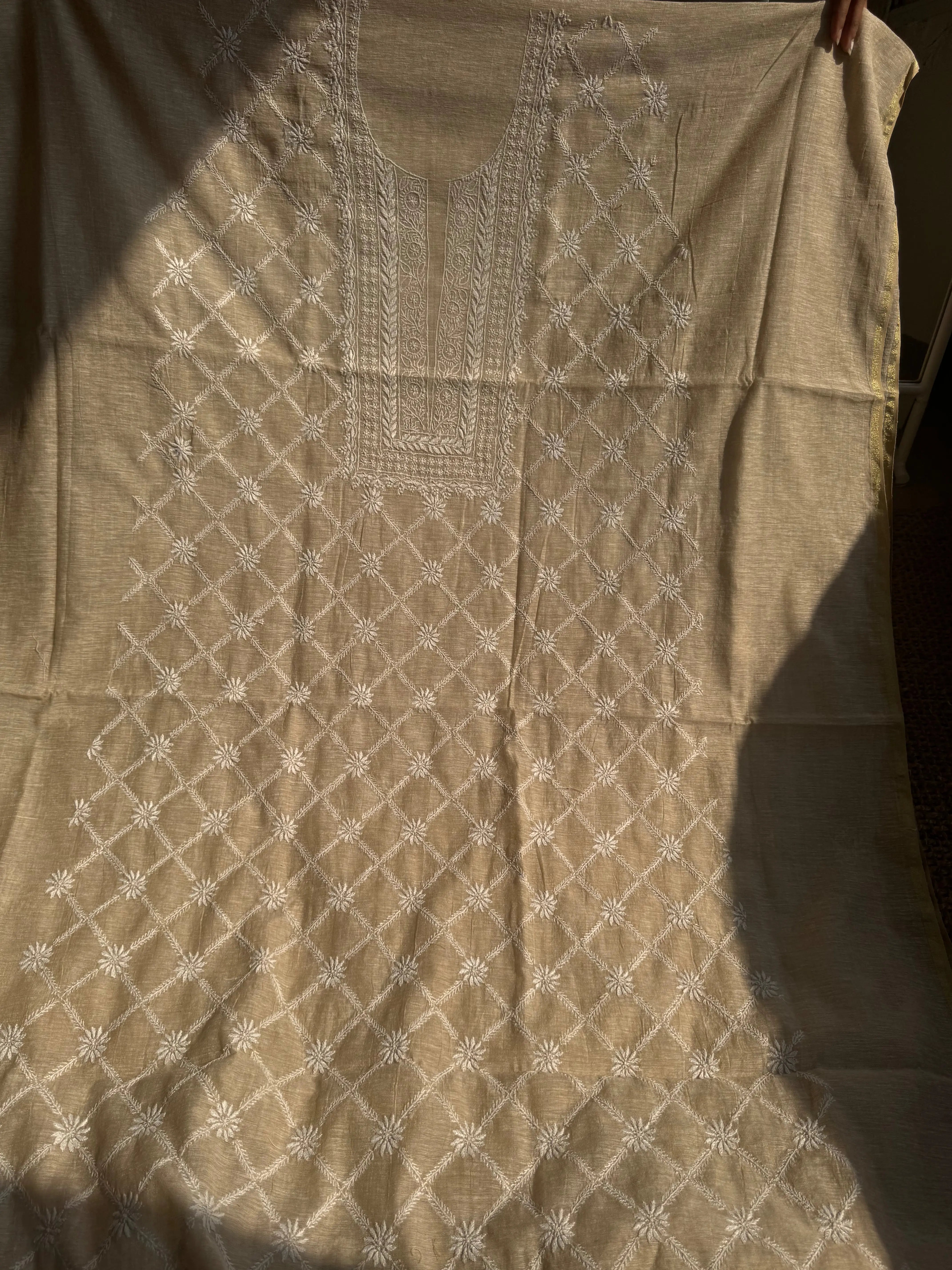 Khaadi Cotton Chikankari Kurti Length - Natural Beige ARIAA CHIKANKARI