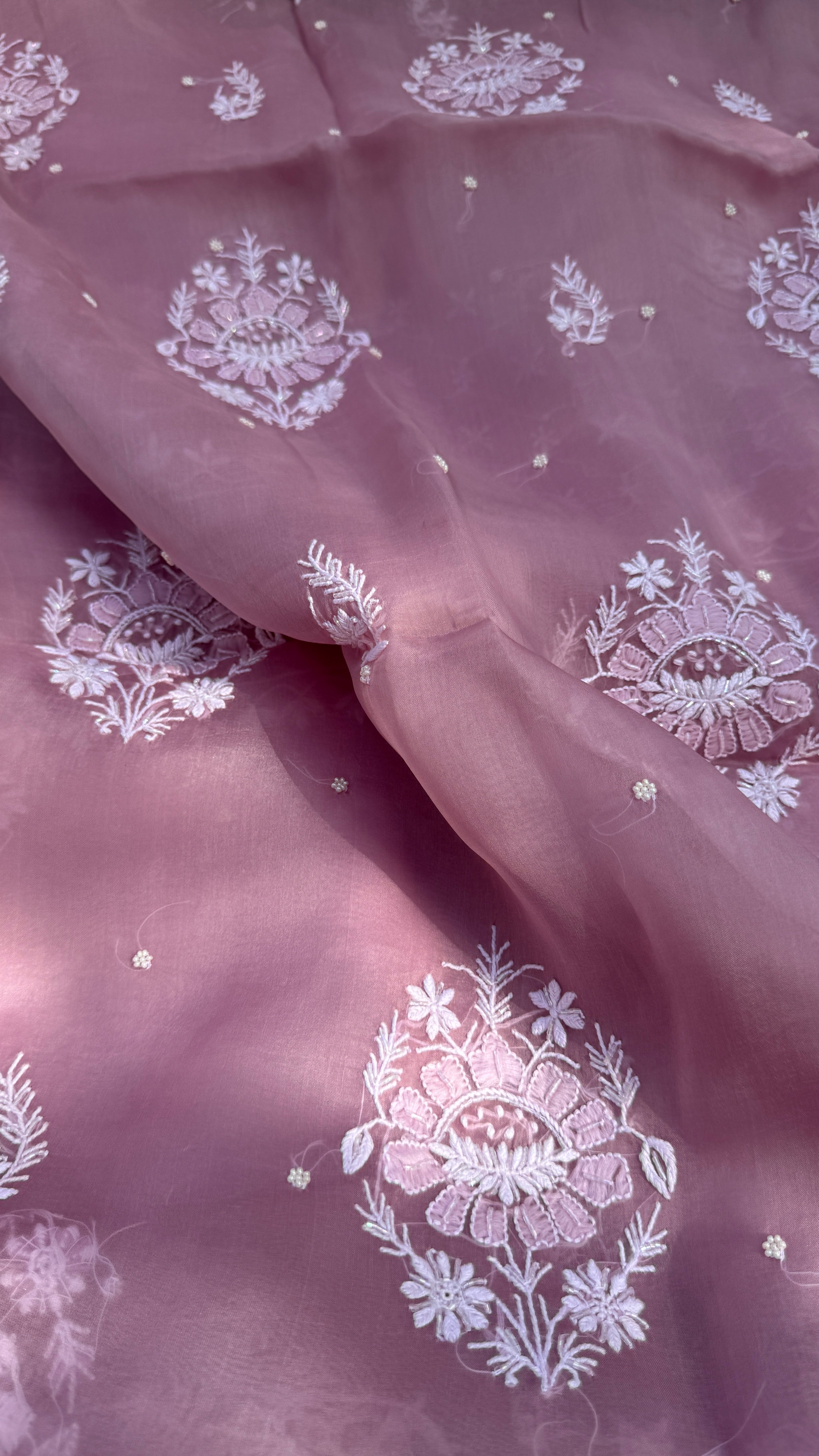 Organza Chikankari Kurta Set with Dupatta | Pearl & Cutdana Work - Rosewood