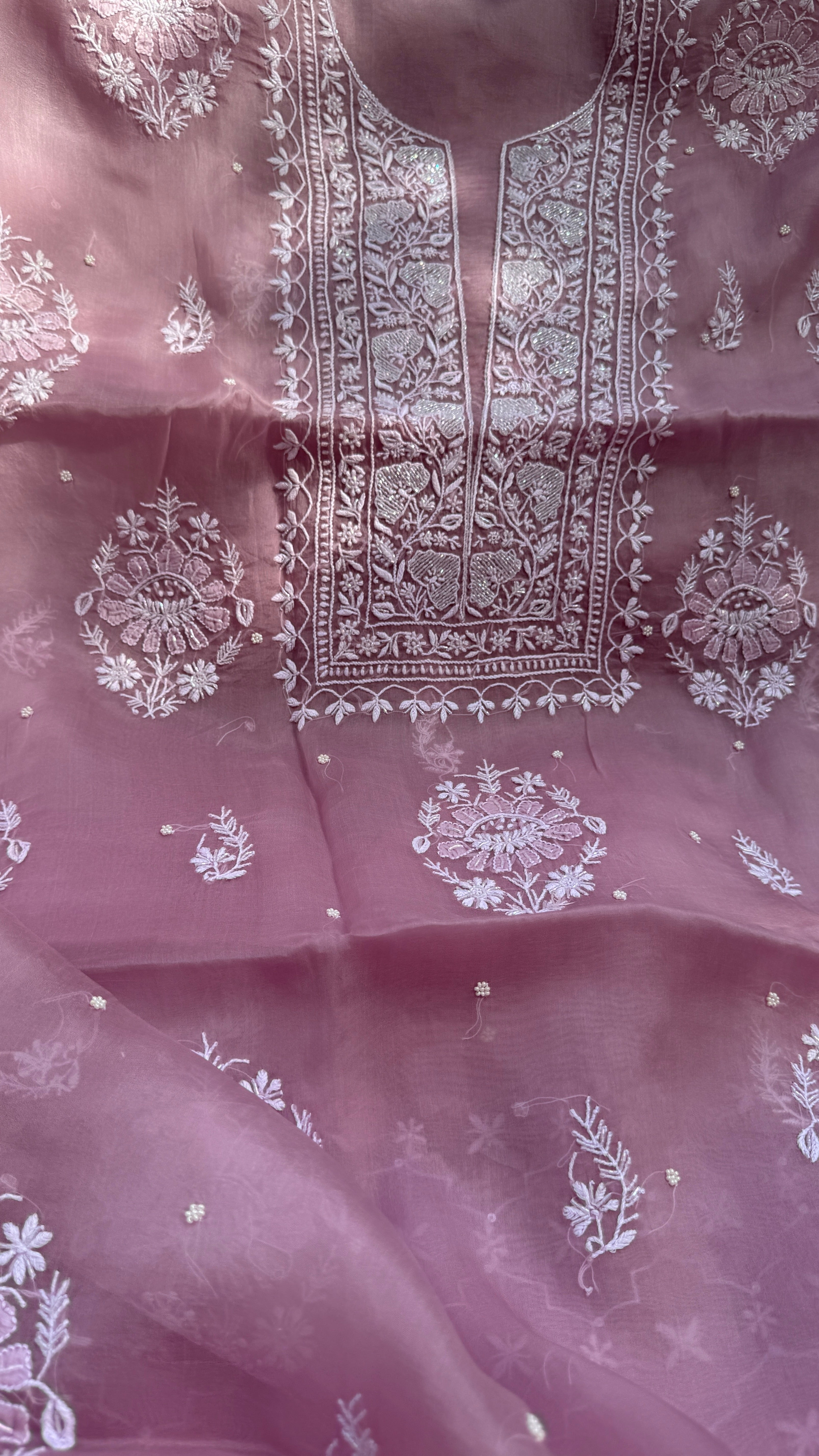 Organza Chikankari Kurta Set with Dupatta | Pearl & Cutdana Work - Rosewood